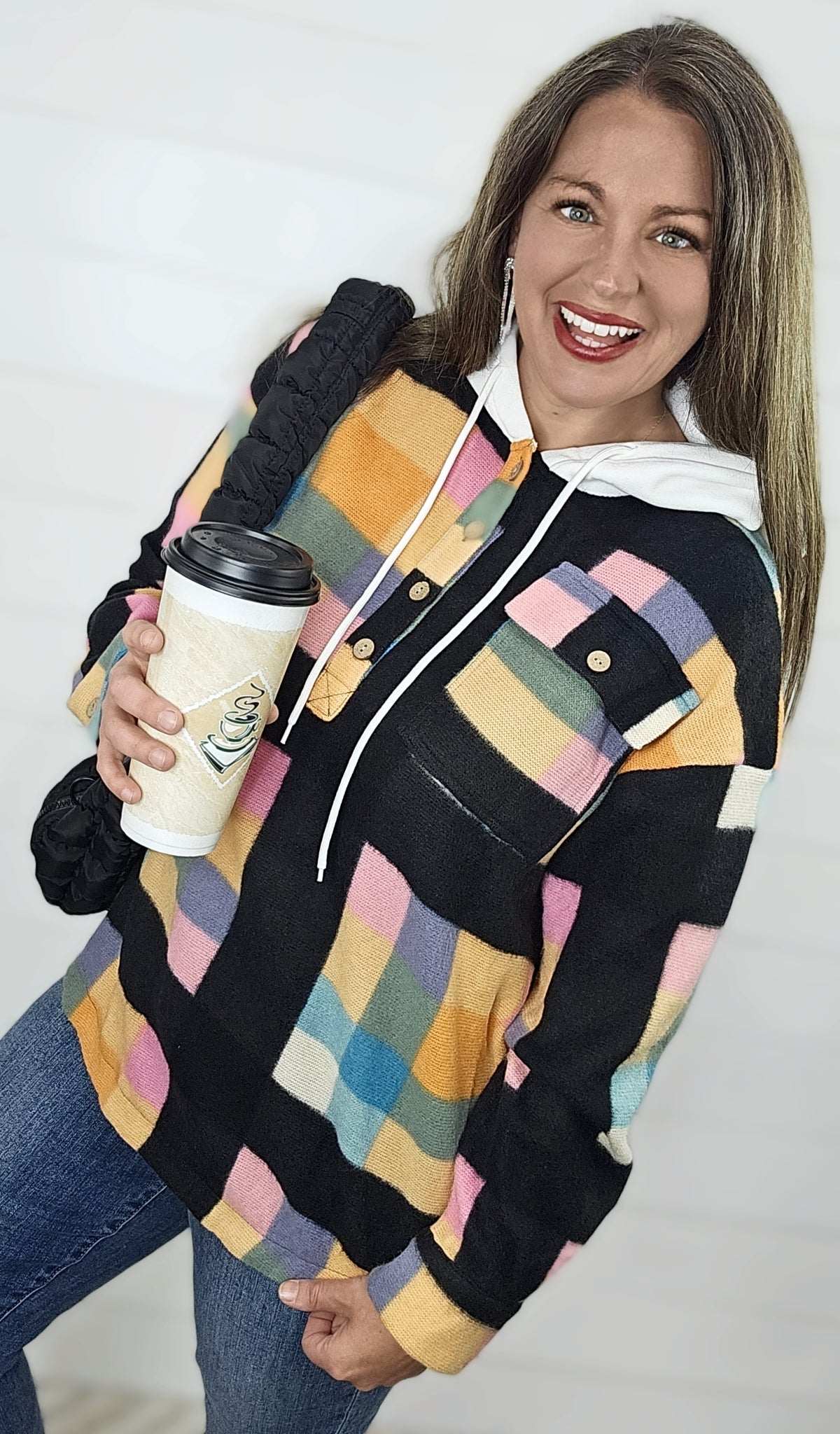 MULTI COLOR CHECK FLEECE SOFT HOODED TOP