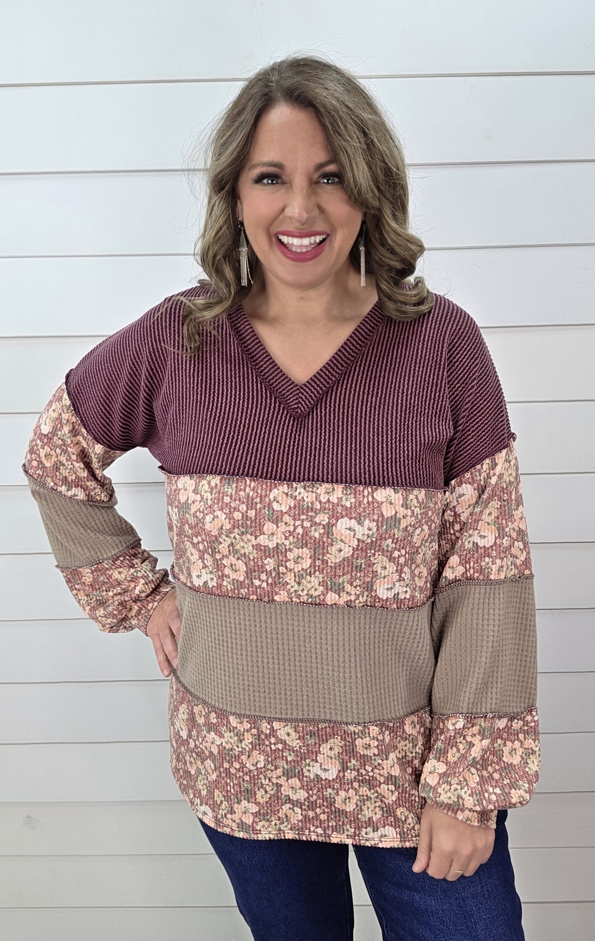 BURGUNDY RAISED RIBBED FLORAL COLORBLOCK KNIT TOP