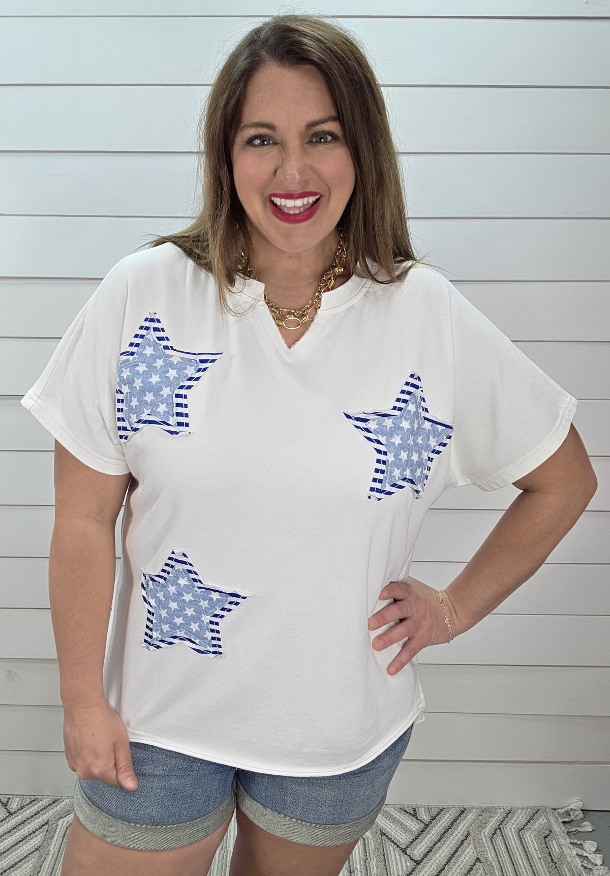 WHITE/STAR CONRAST KNIT TOP