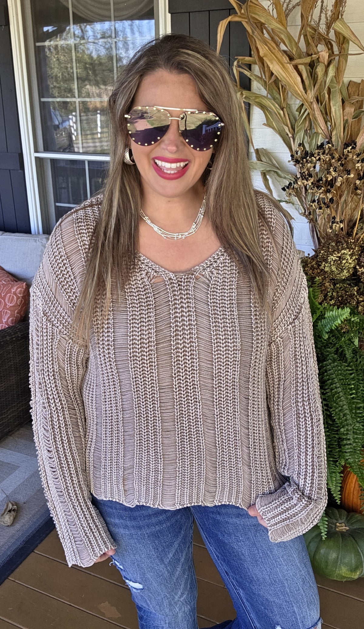 MOCHA MINERAL WASH LOOSE KNIT PULLOVER SWEATER