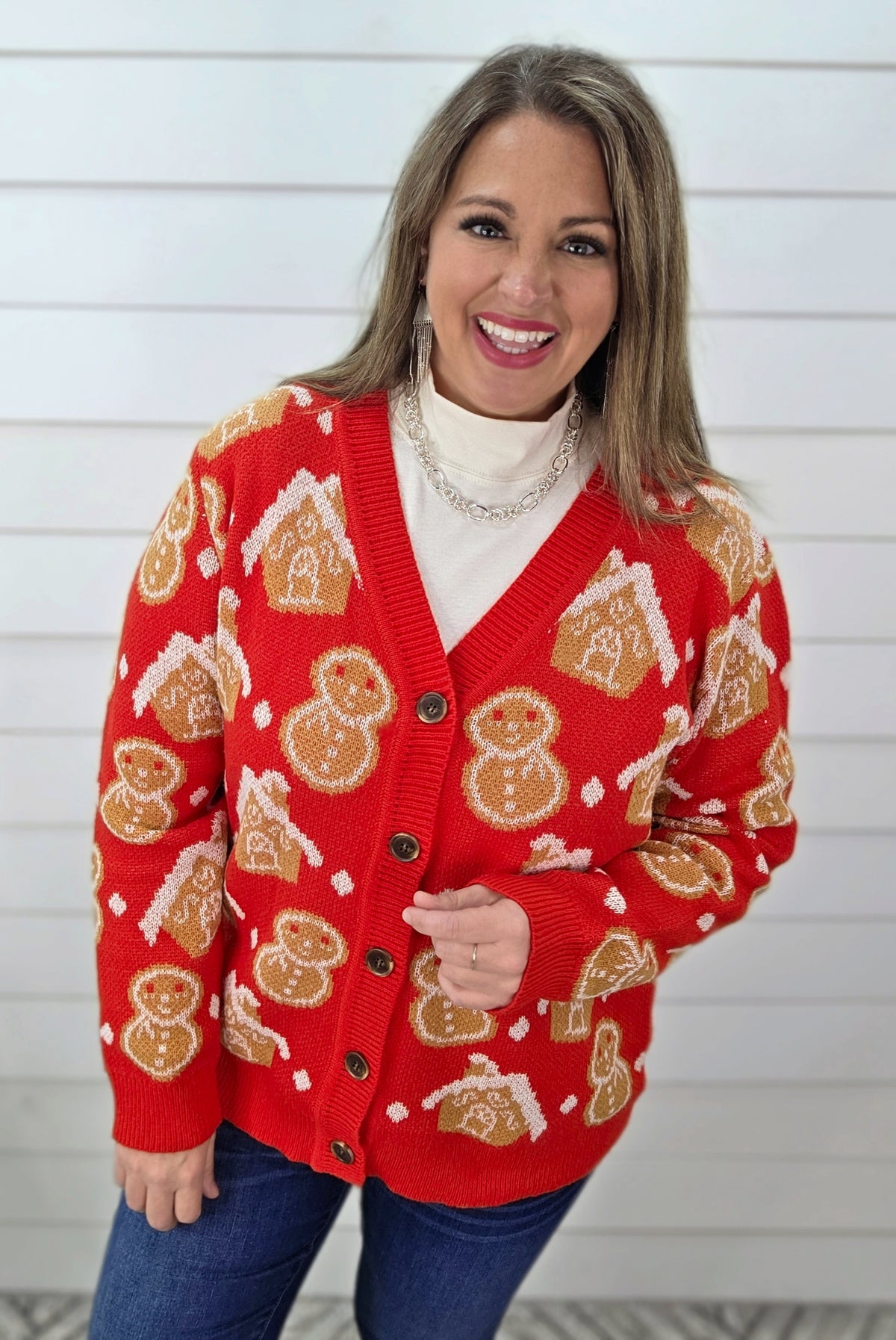 RED GINGERBREAD BUTTON CARDIGAN SWEATER