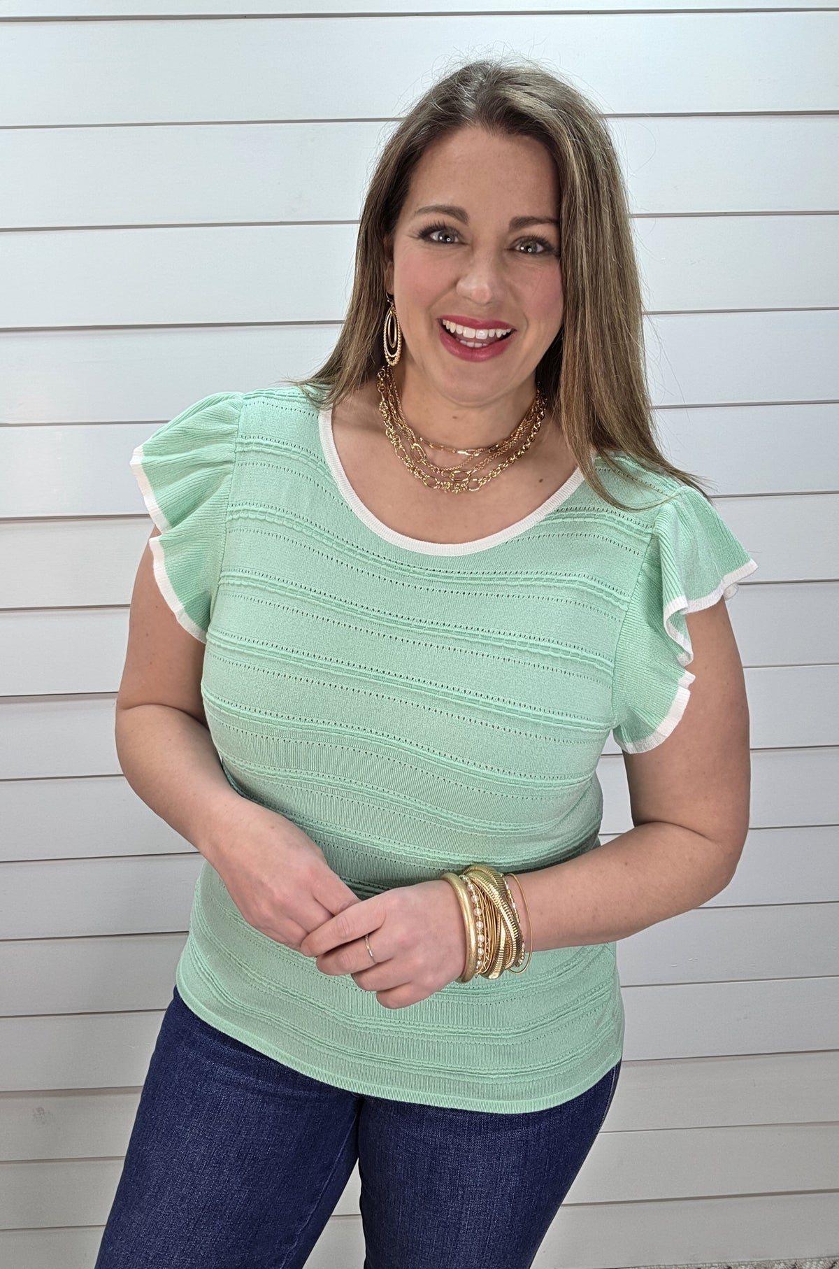 MINT TEXTURED STRIPED RUFFLE SHORT SLEEVE SWEATER KNIT TOP