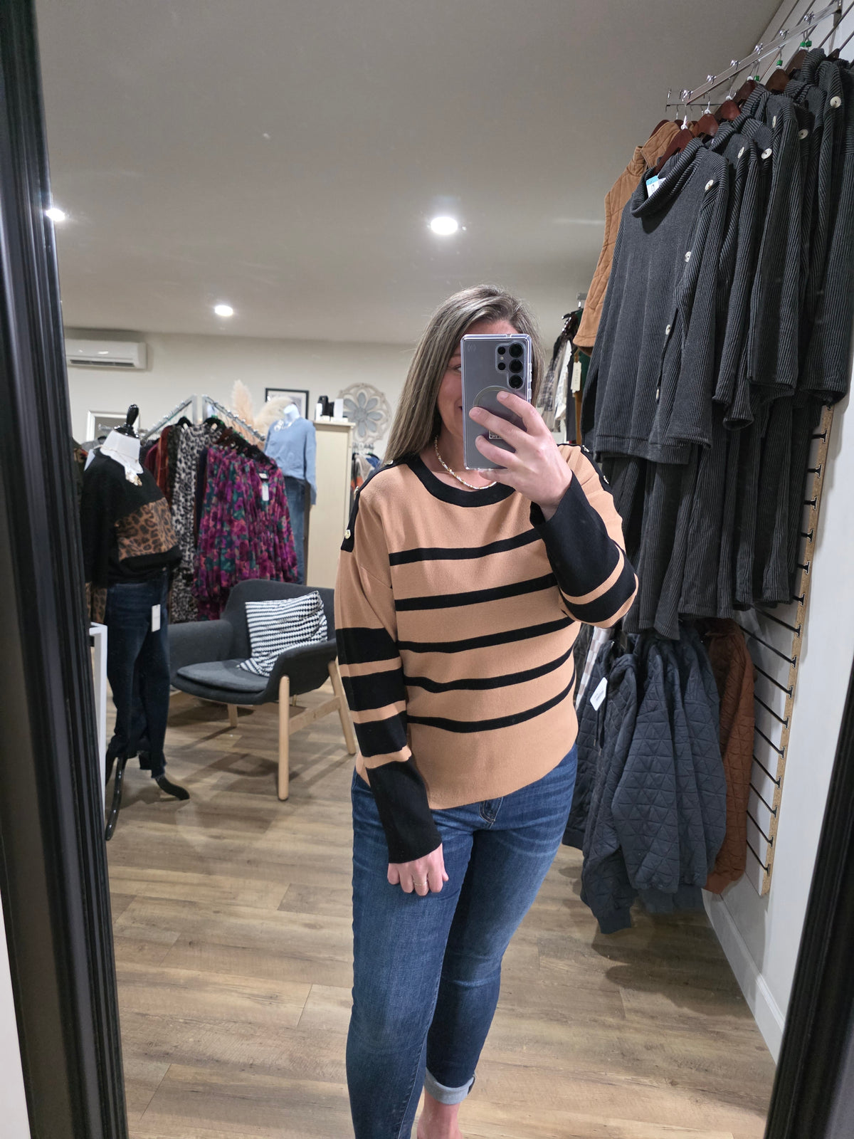KAREN HART TAN/BLACK STRIPED SWEATER WITH BUTTON ACCENTS