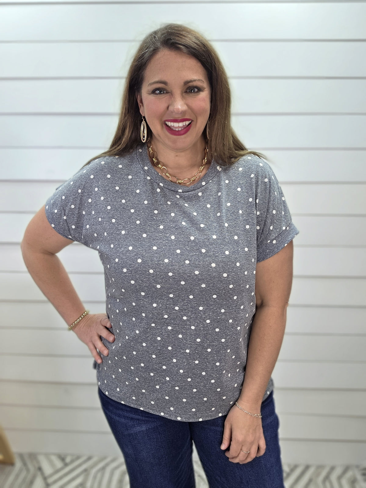 HEATHERED DENIM POLKA DOT KNIT TOP