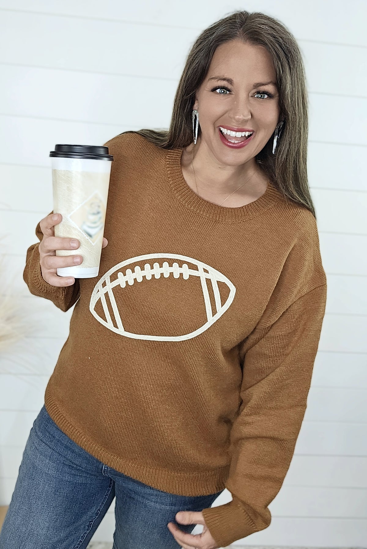 BROWN FOOTBALL EMBROIDERED SWEATER