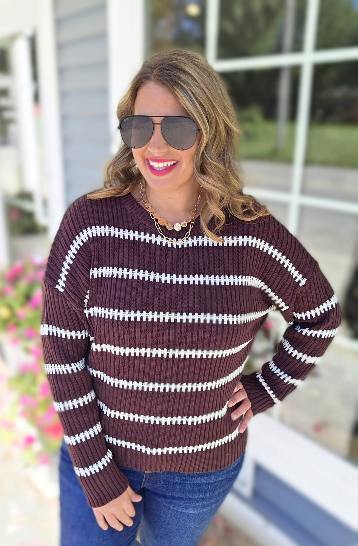 BROWN RIBBED STRIPED SWEATER