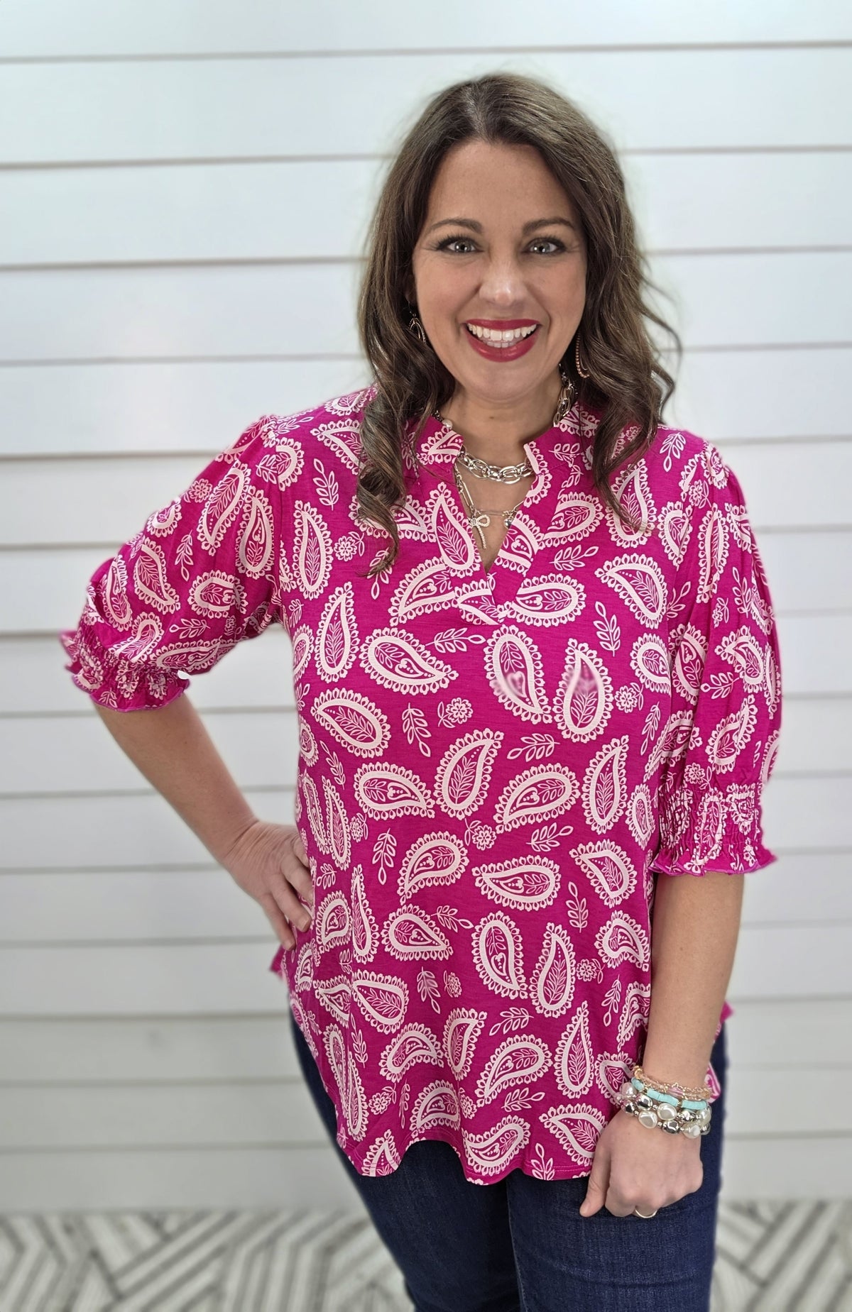 DEAR SCARLETT SMOCKED TOP - HOT PINK PAISLEY