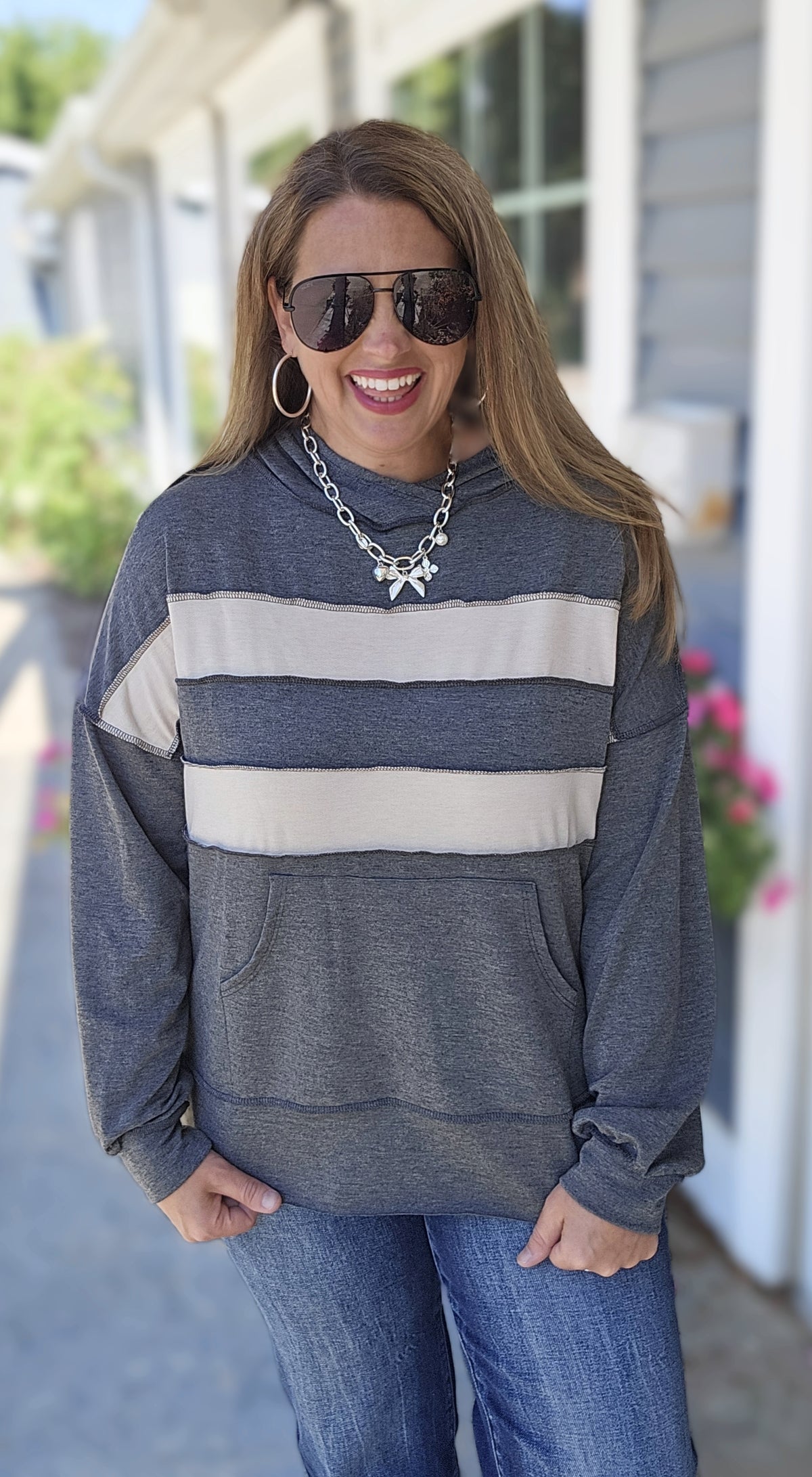 CHARCOAL COLORBLOCK LIGHT WEIGHT HOODIE RELAXED FIT TOP