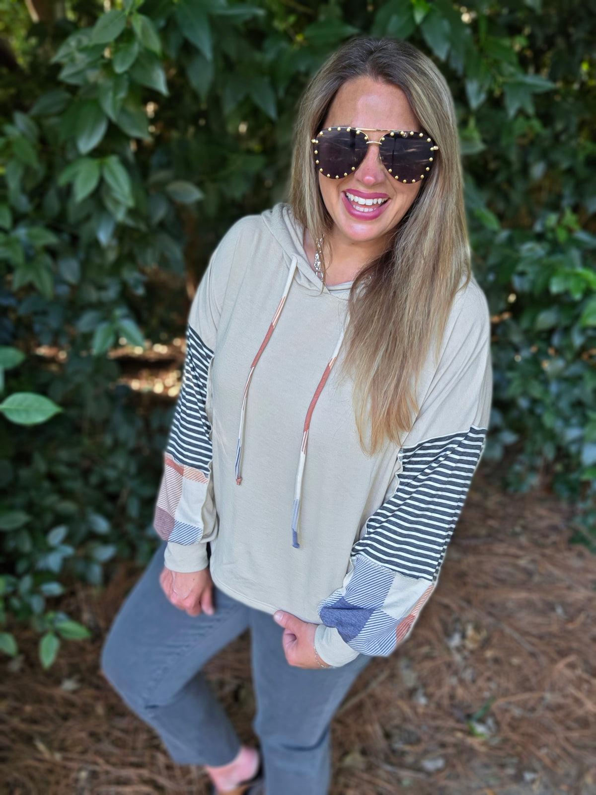 TAUPE/CHARCOAL PLAID CONTRAST LIGHT WEIGHT FRENCH TERRY HOODIE