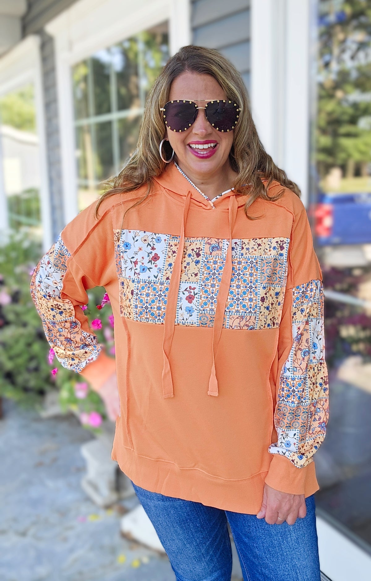 ORANGE FLORAL PATCHWORK PULLOVER HOODIE