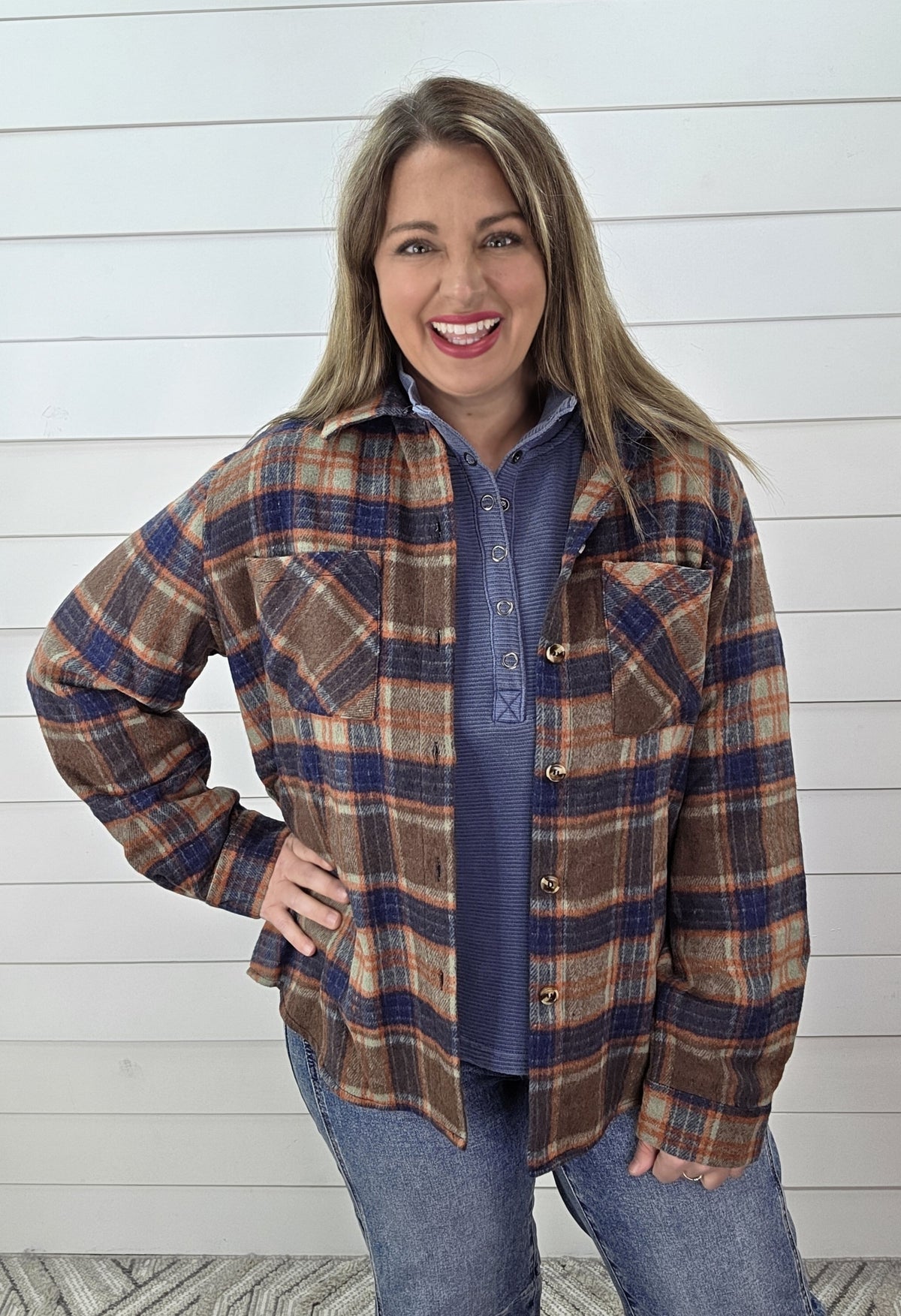 BROWN/NAVY PLAID BUTTON UP