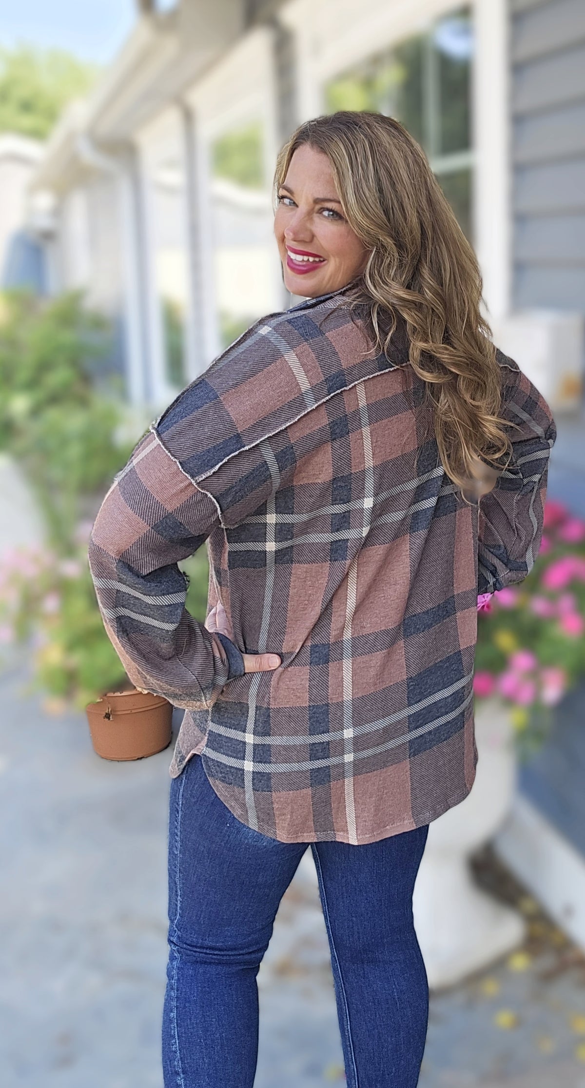 BROWN/BLACK PLAID SOFT BUTTON DOWN KNIT TOP