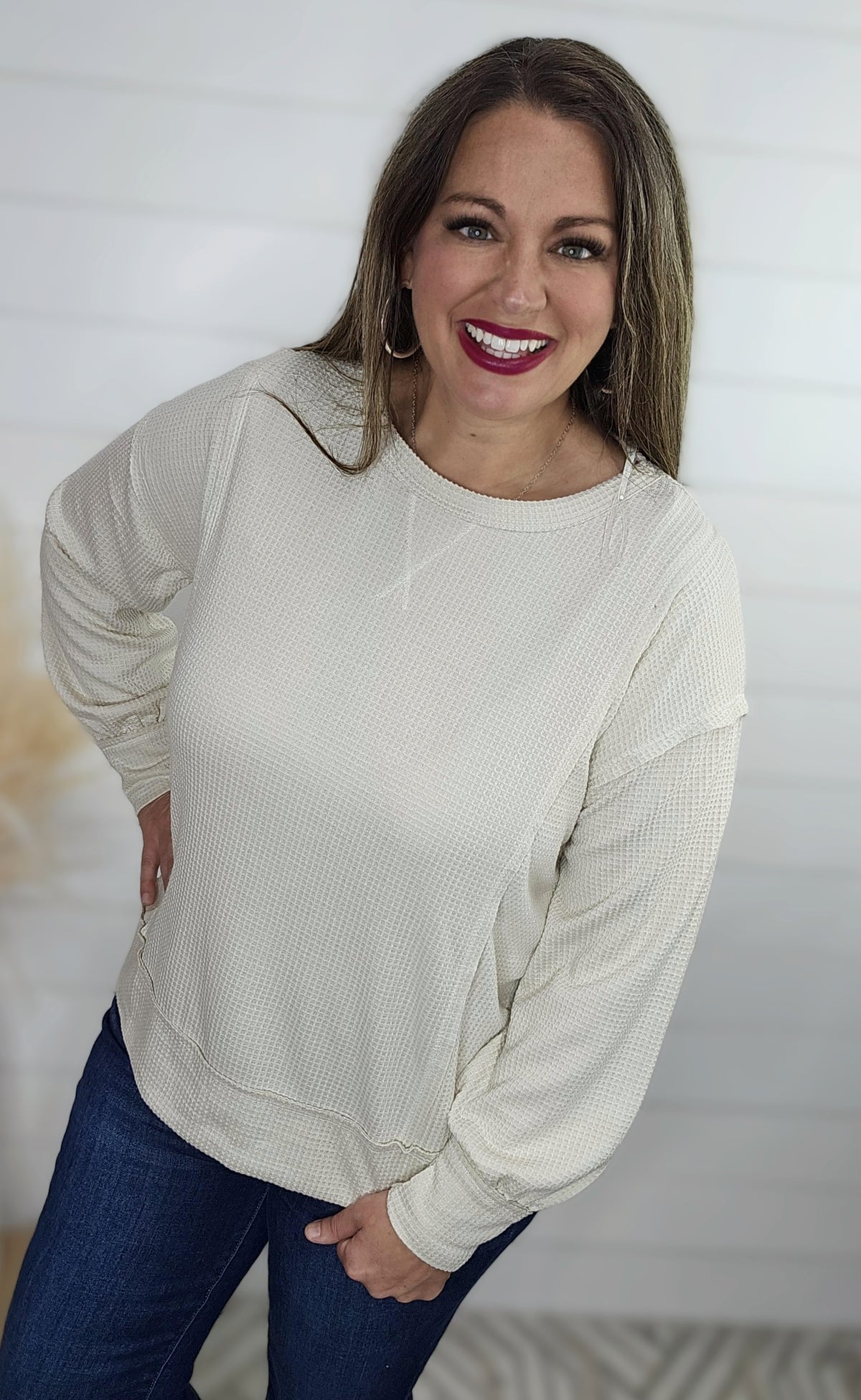 OATMEAL WAFFLE TEXTURE LONG SLEEVE TOP