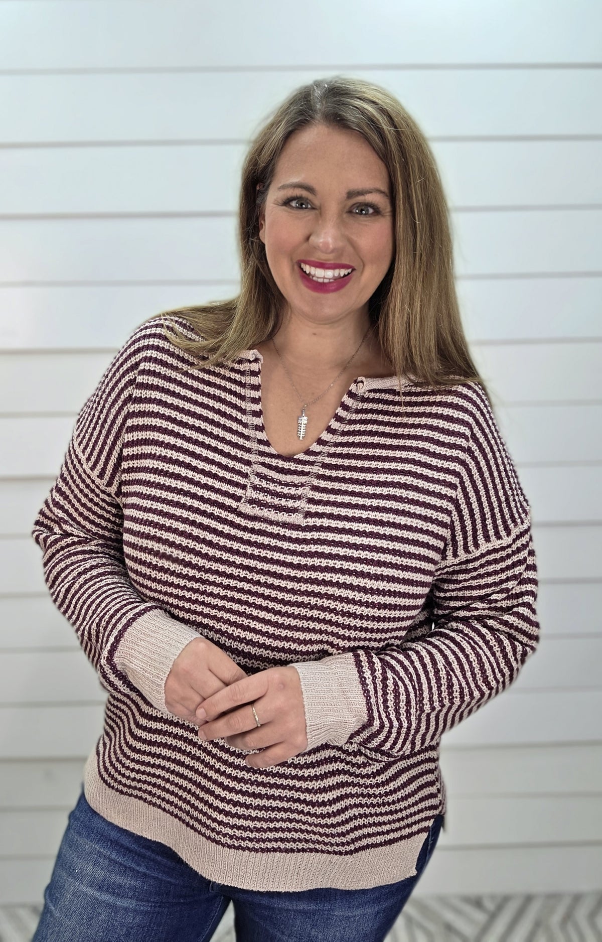 PLUM Y Slit Neck, Patch With Stitch Detailed, Waffle KNIT SWEATER