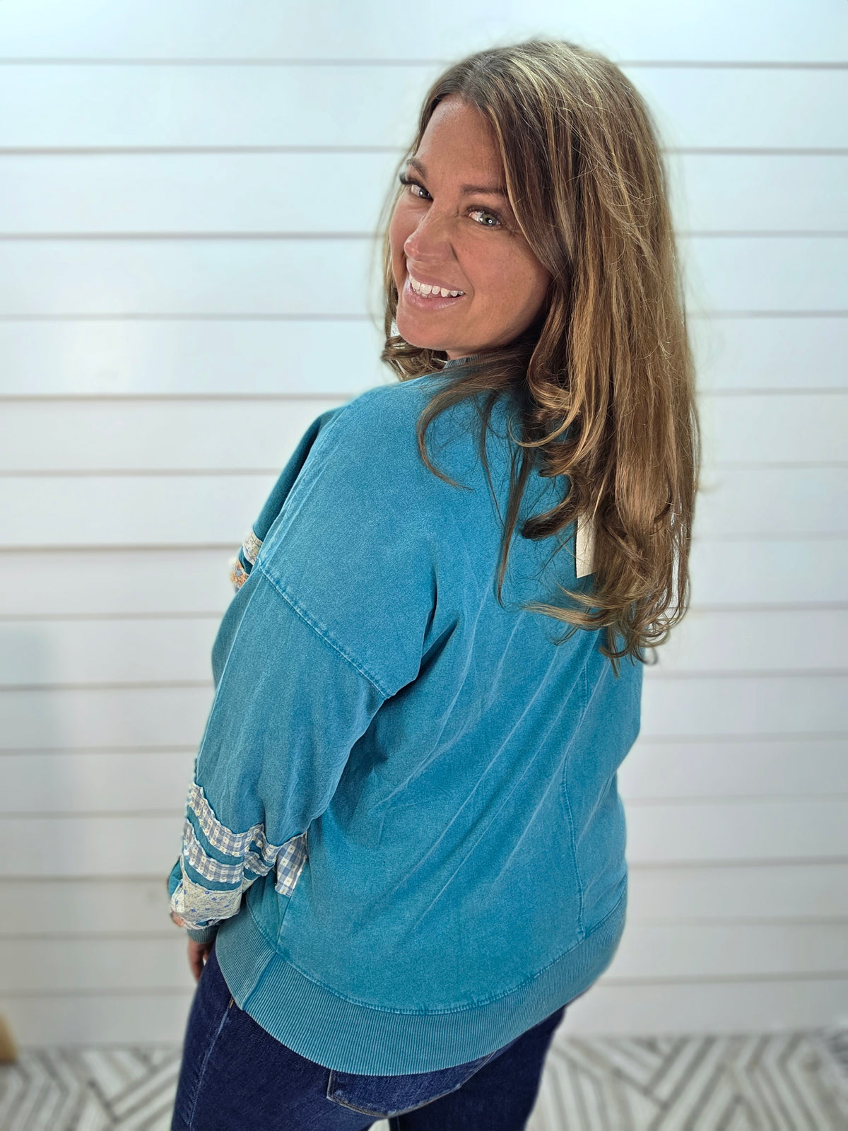 TEAL MINERAL WATCH PATCHWORK COTTON TOP
