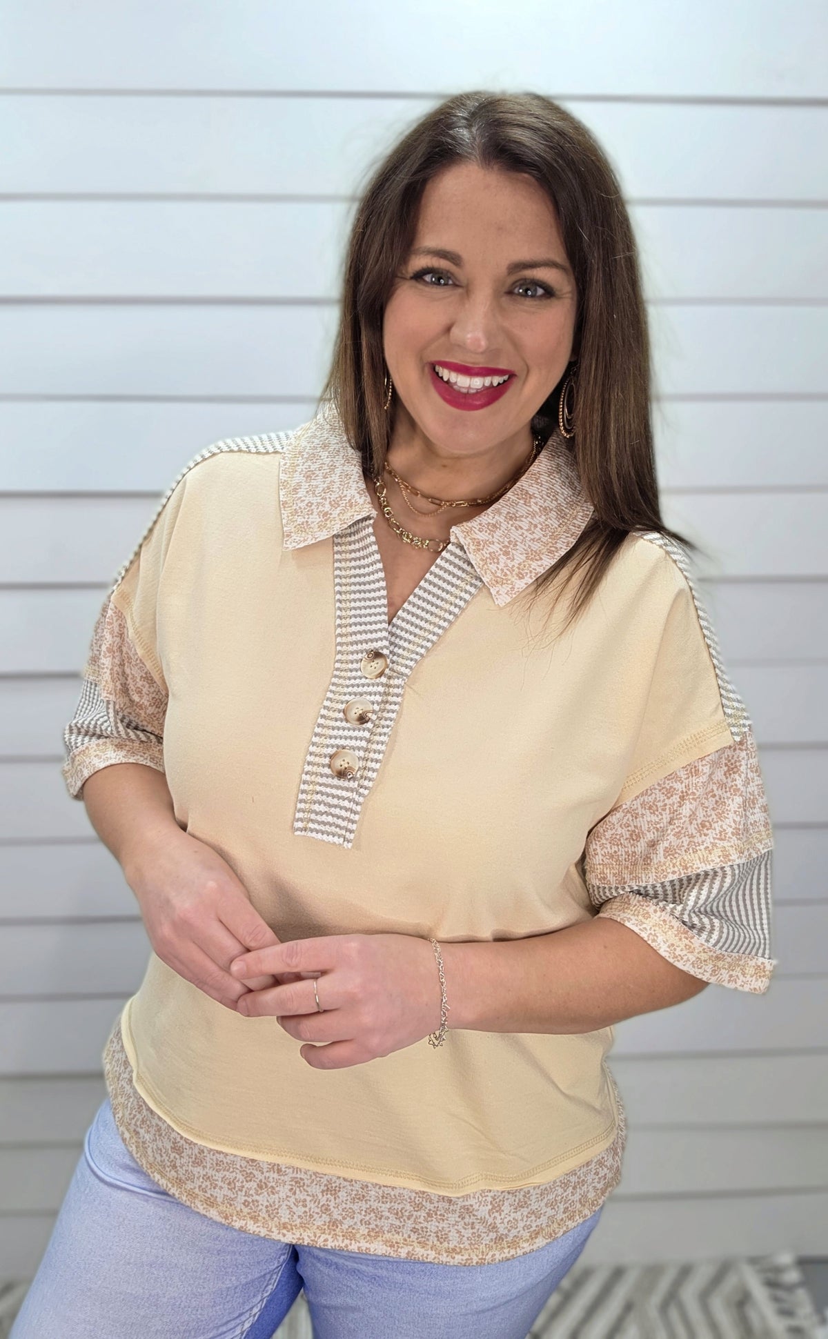 OATMEAL FLORAL/STRIPED HENLEY BUTTON KNIT TOP