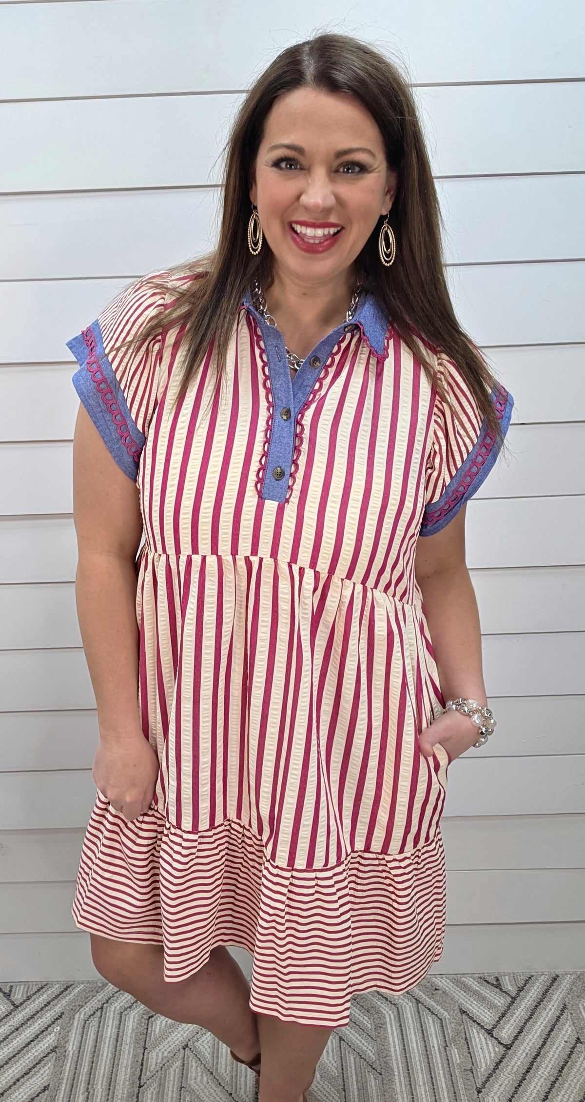 PINK VERTICAL STRIPED DRESS W/ HENLEY BUTTON AND DENIM TRIM