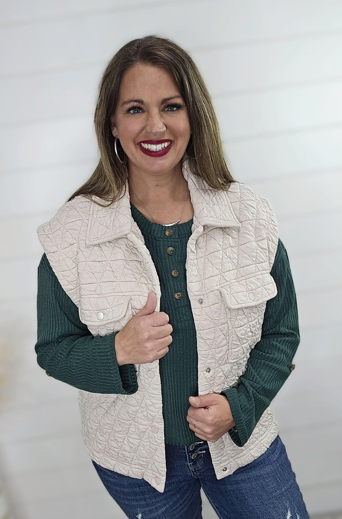 OATMEAL QUILTED SNAP BUTTON VEST