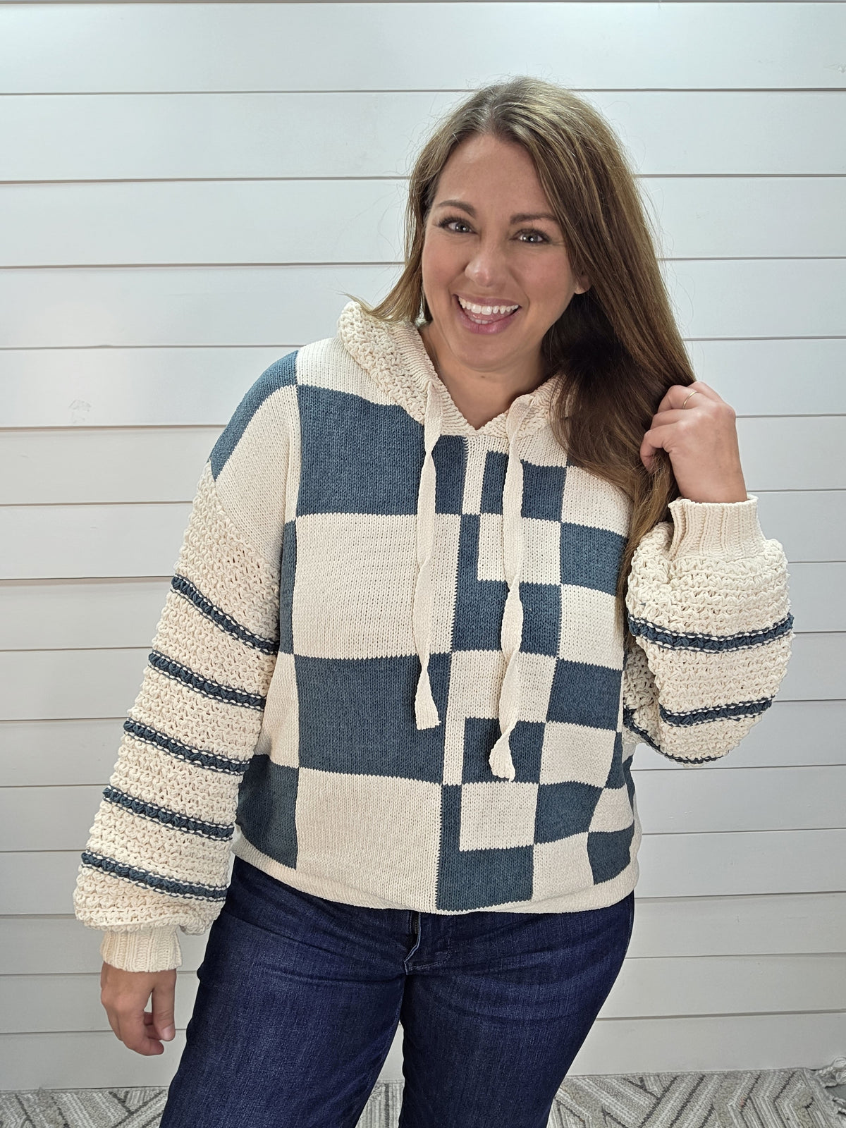 Ivory & OLIVER Checkered Contrast Oversized Hooded Sweater