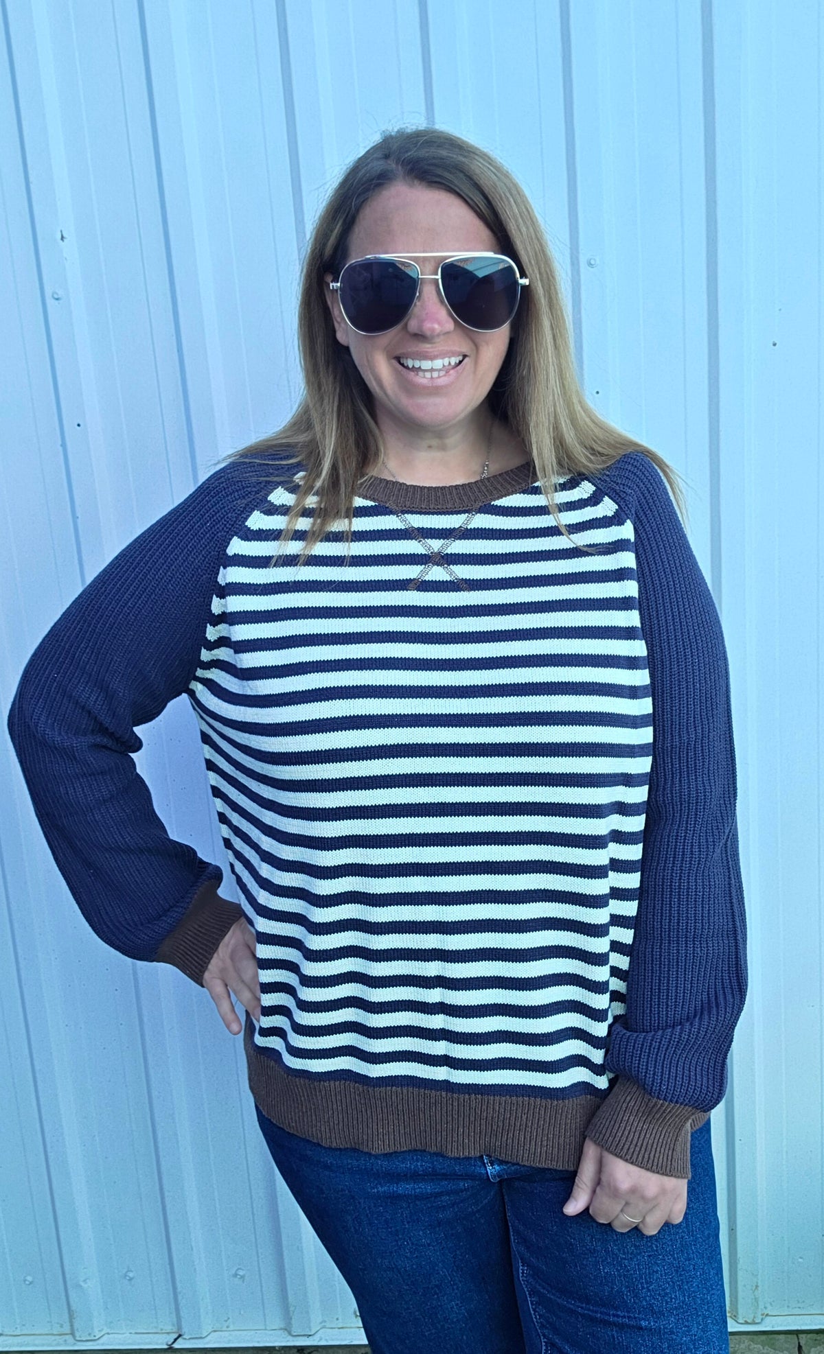 NAVY Striped Colorblock Raglan Long Sleeve Crew Sweater