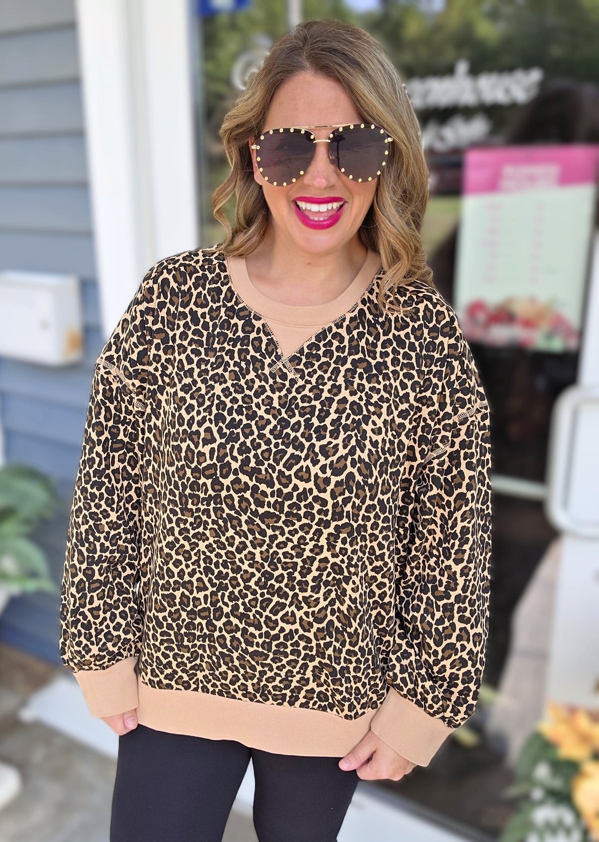 BEIGE LEOPARD FRENCH TERRY PULLOVER TOP