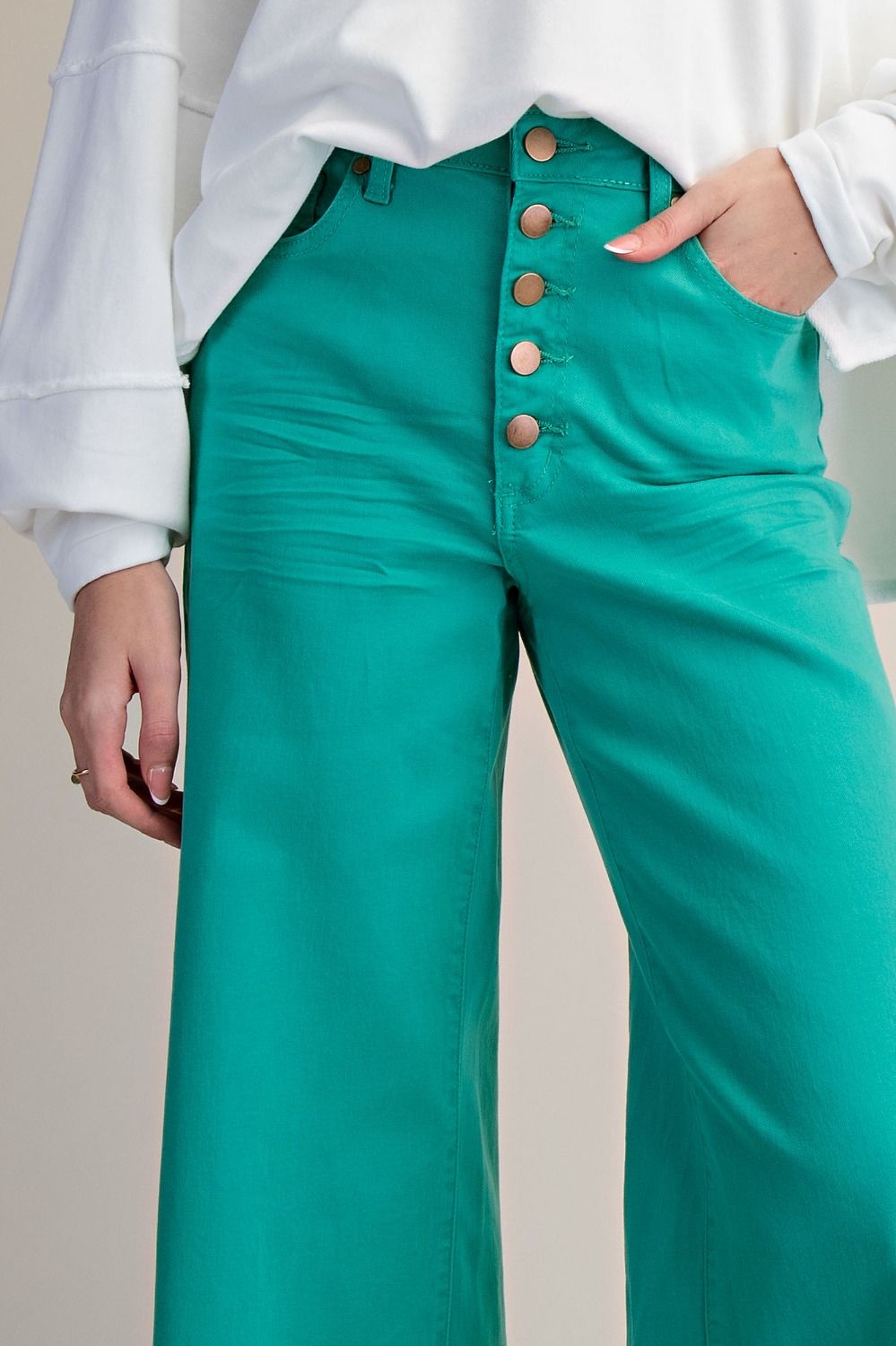 CLOVER GREEN BUTTON FRONT STRETCH WIDE LEG JEANS