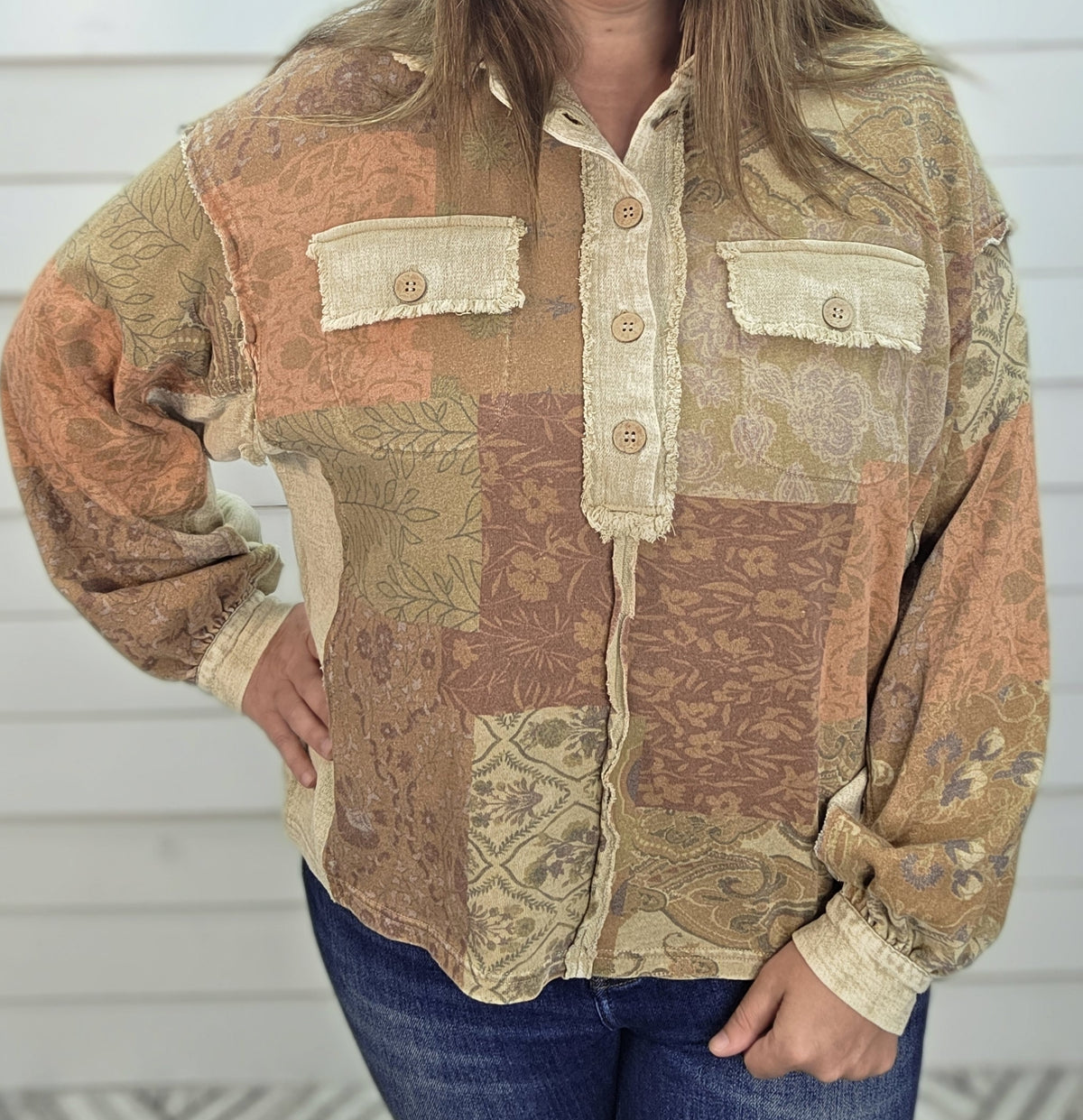HALF BUTTON OVERSIZED PATCHWORK KNIT TOP