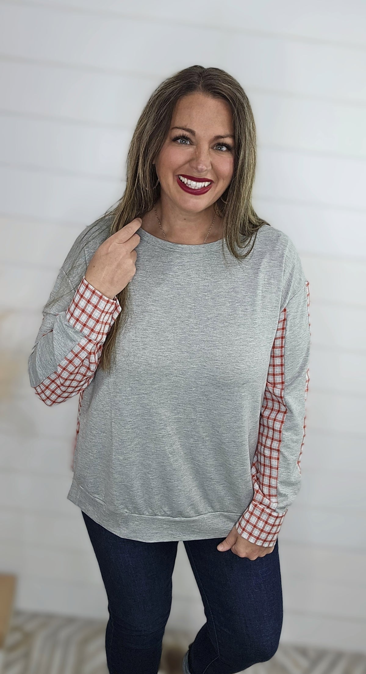 GREY FRENCH TERRY TOP W/ PLAID CONTRAST