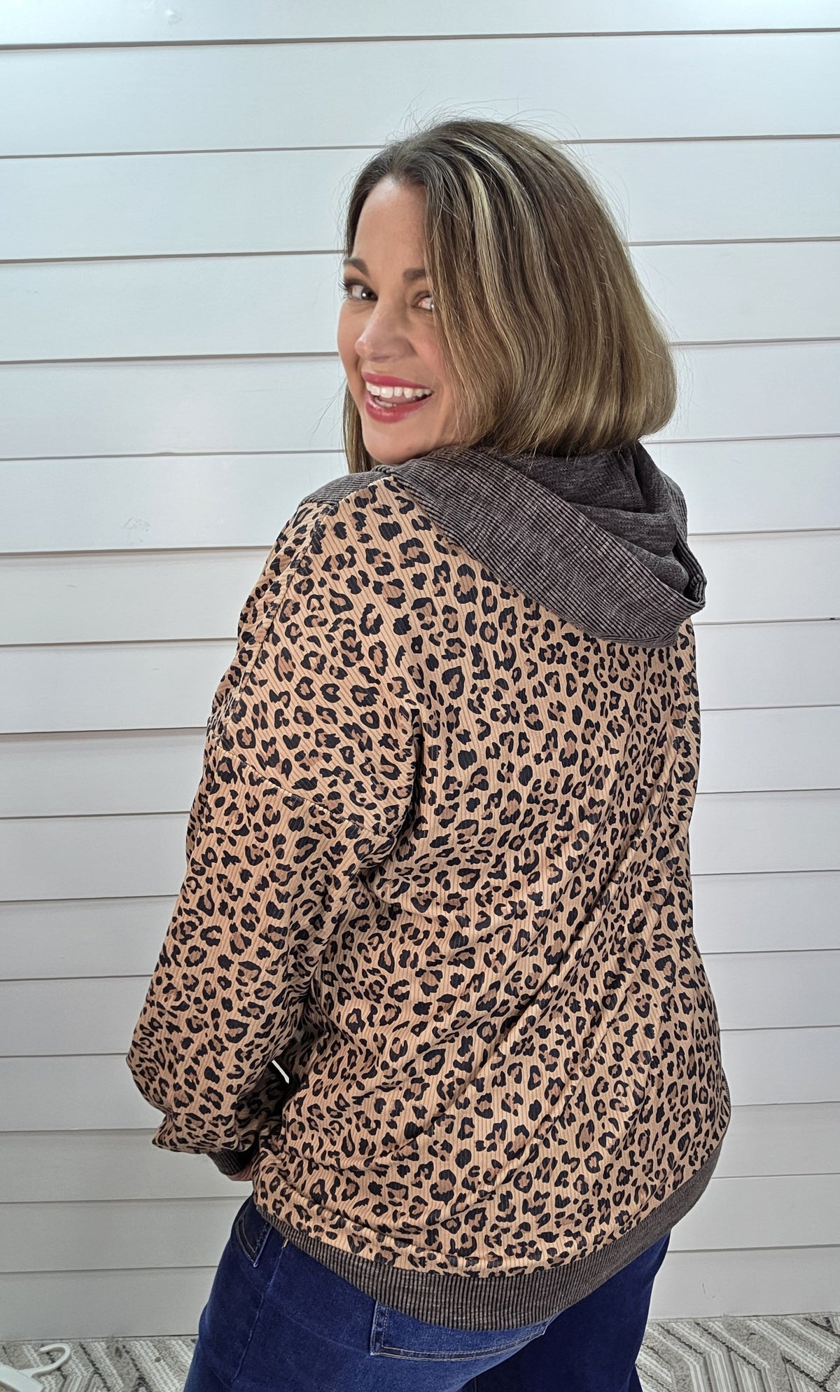 BROWN RIBBED LEOPARD HALF ZIP PULLOVER