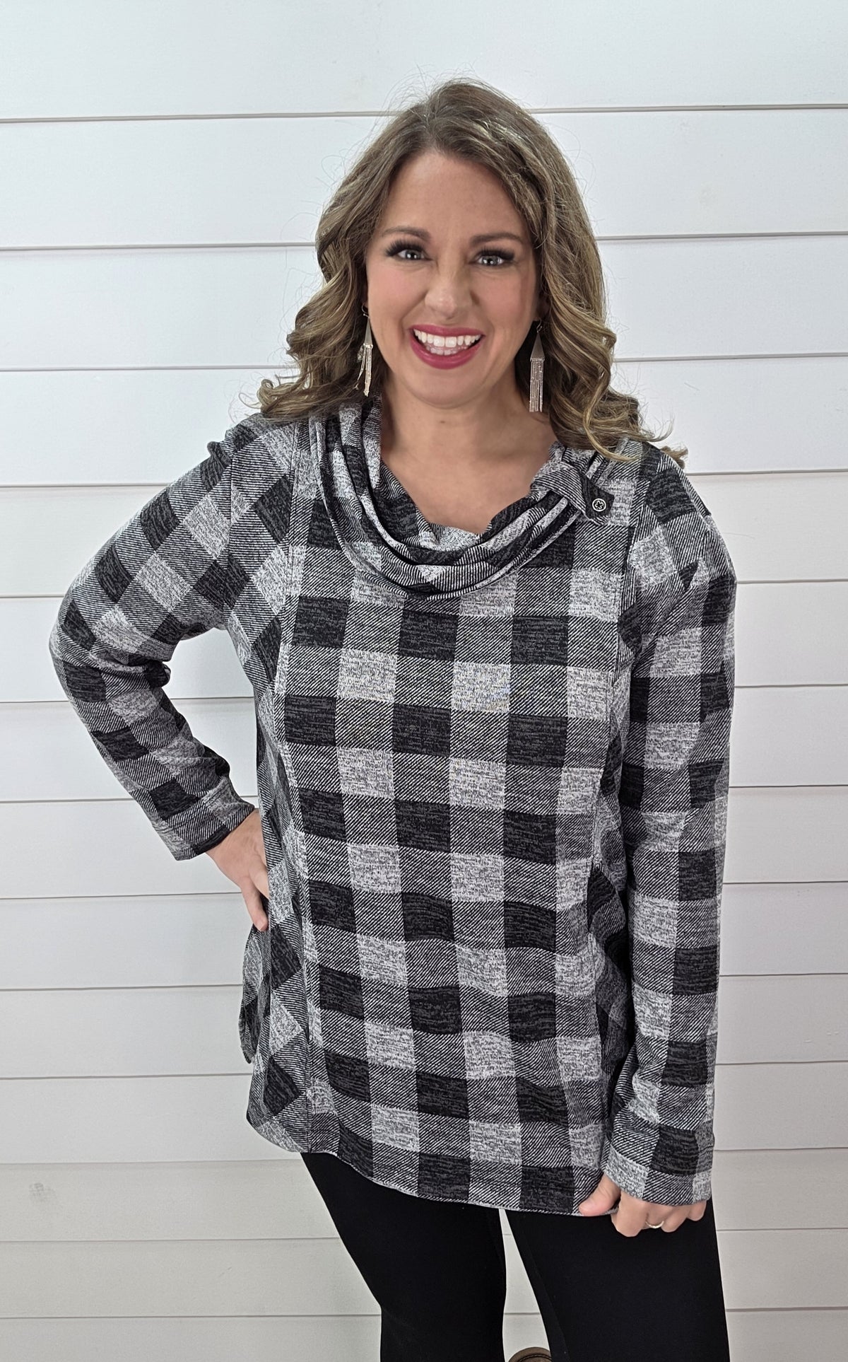 BLACK CHECK COWL NECK KNIT TUNIC