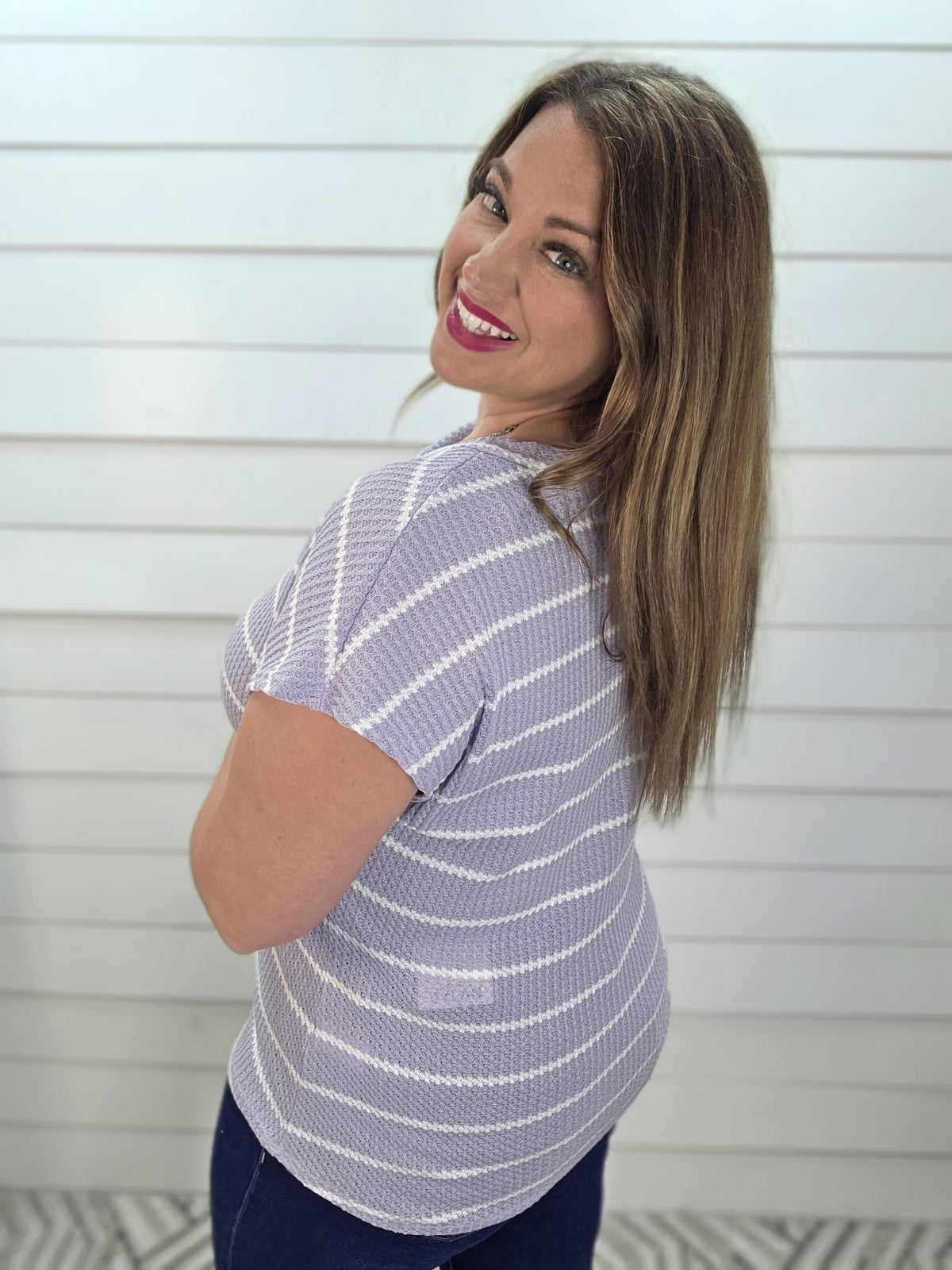 LAVENDER STRIPED WAFFLE KNIT V NECK TOP
