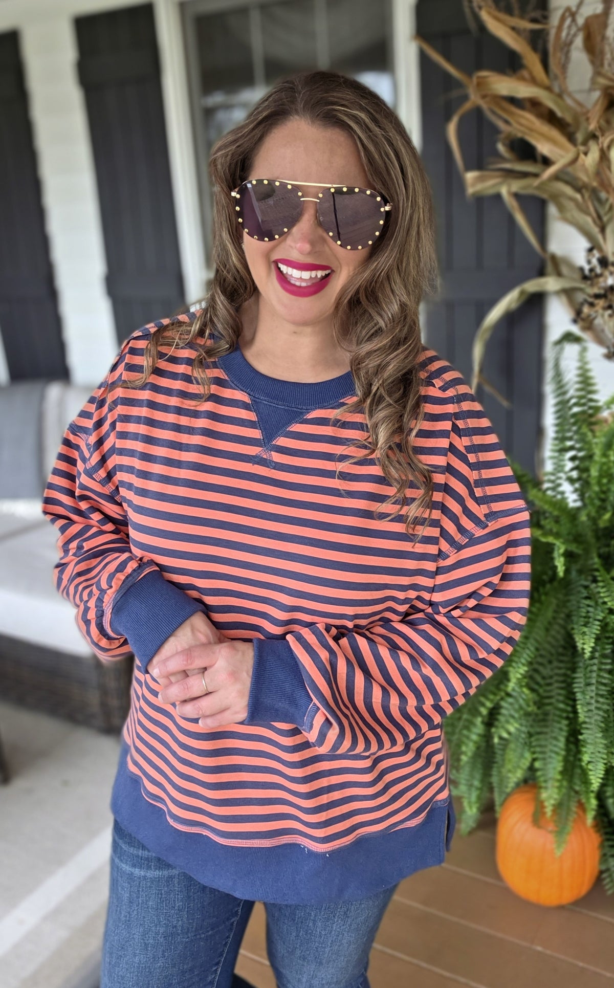 CORAL/NAVY STRIPED OVERSIZED KNIT TOP