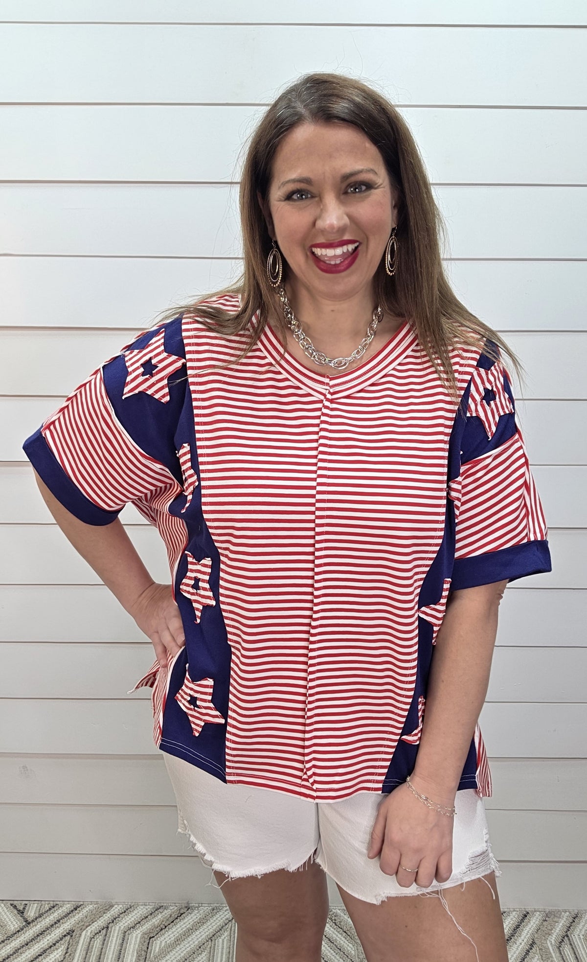 RED STRIPED/STAR OVERSIZED KNIT TOP