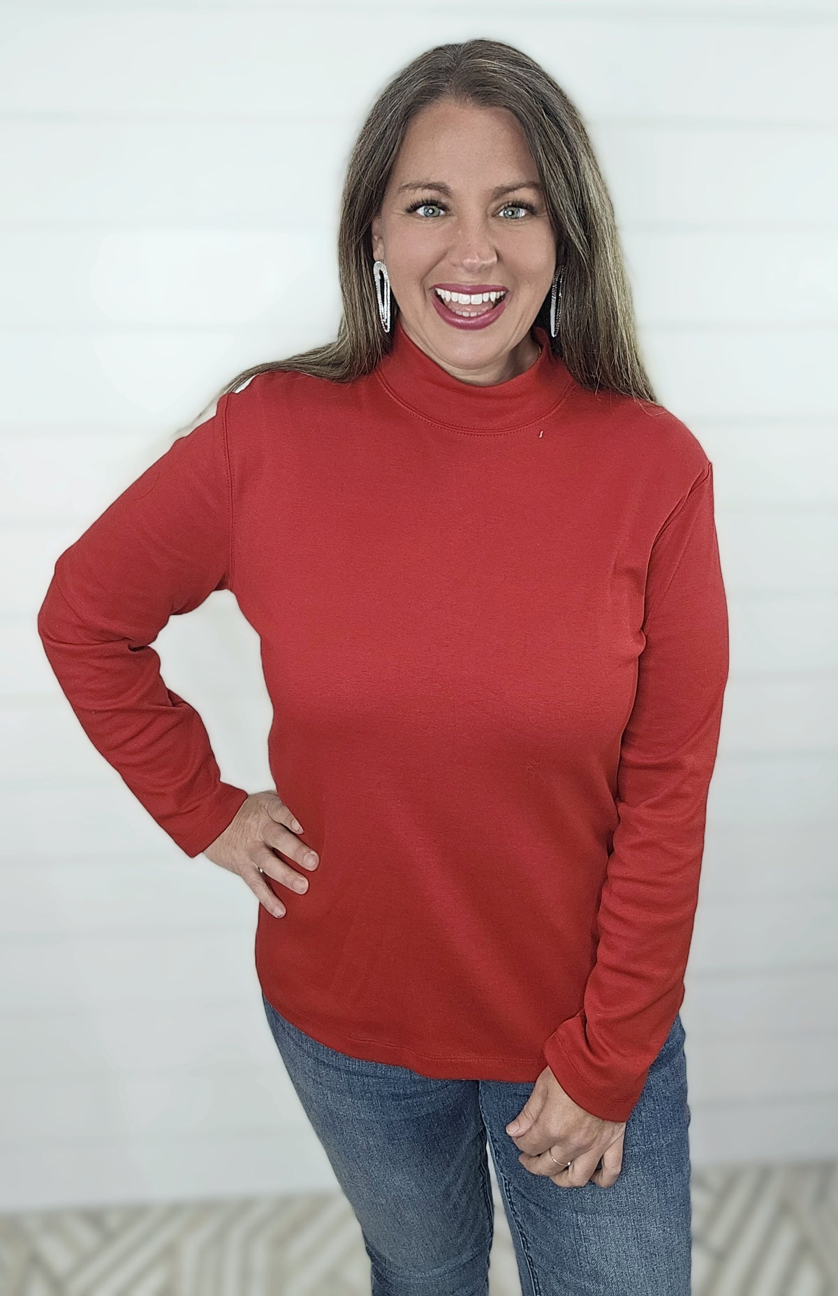 RED MOCK NECK COTTON BLEND TOP