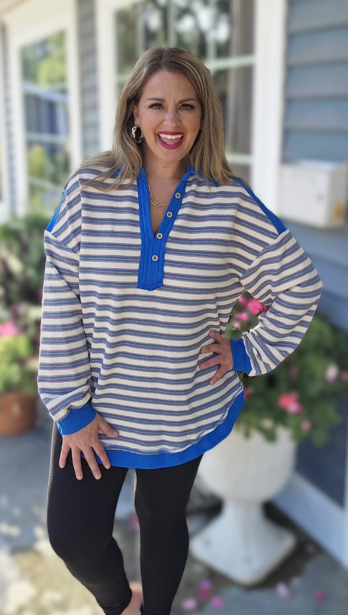BLUE STRIPED V NECK COLLARED TOP