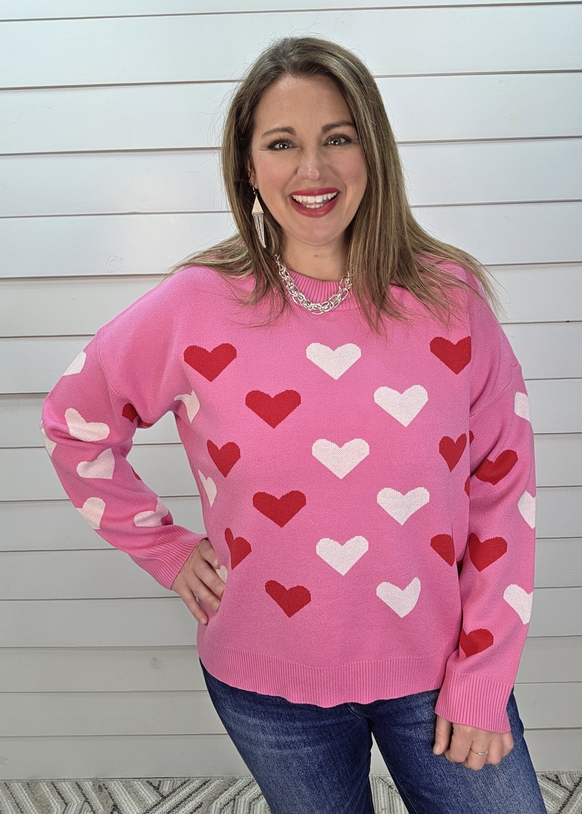 HOT PINK HEART CREW NECK SWEATER