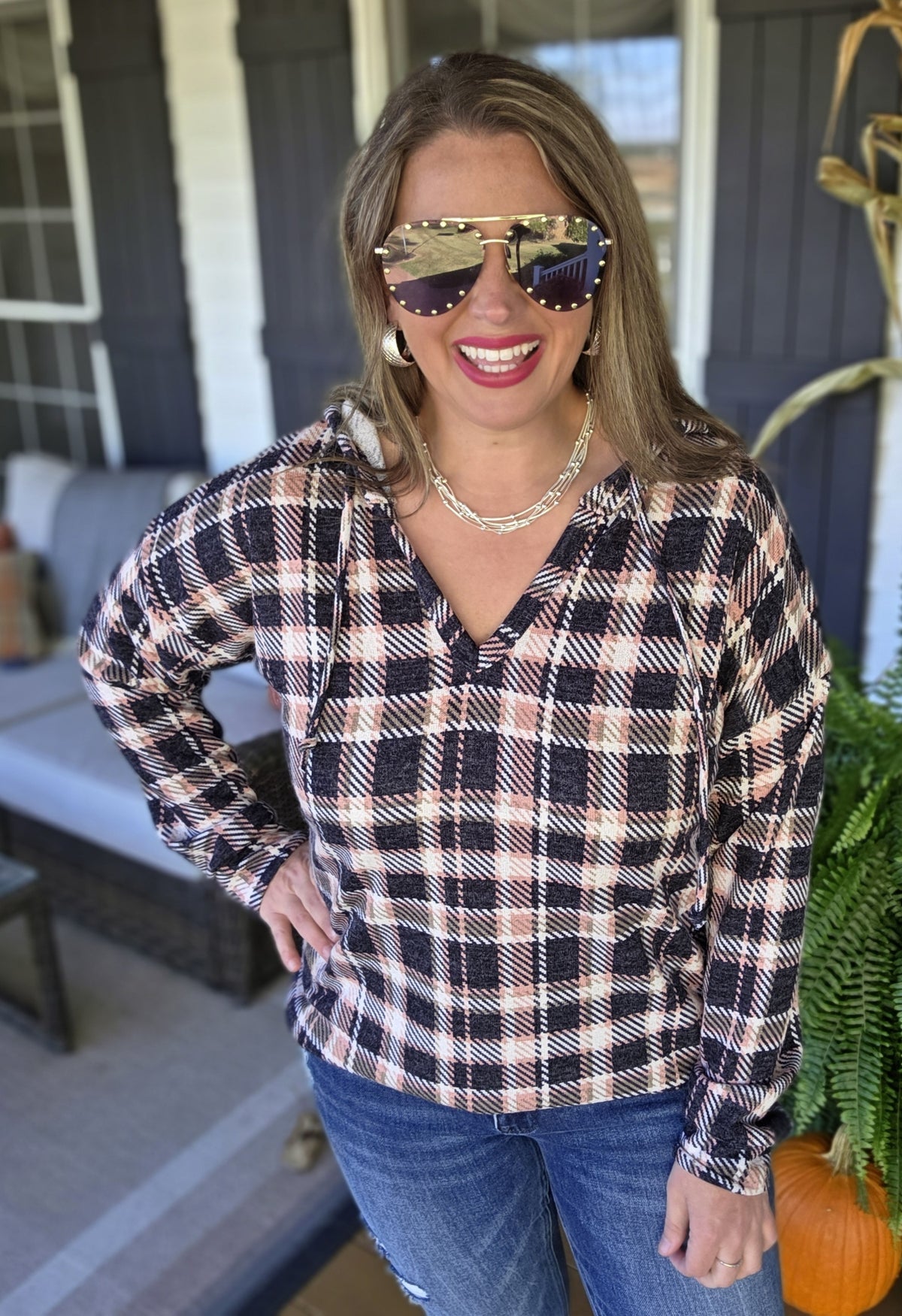 NAVY/ROSE PLAID CHECK FRECH TERRY HOODIE