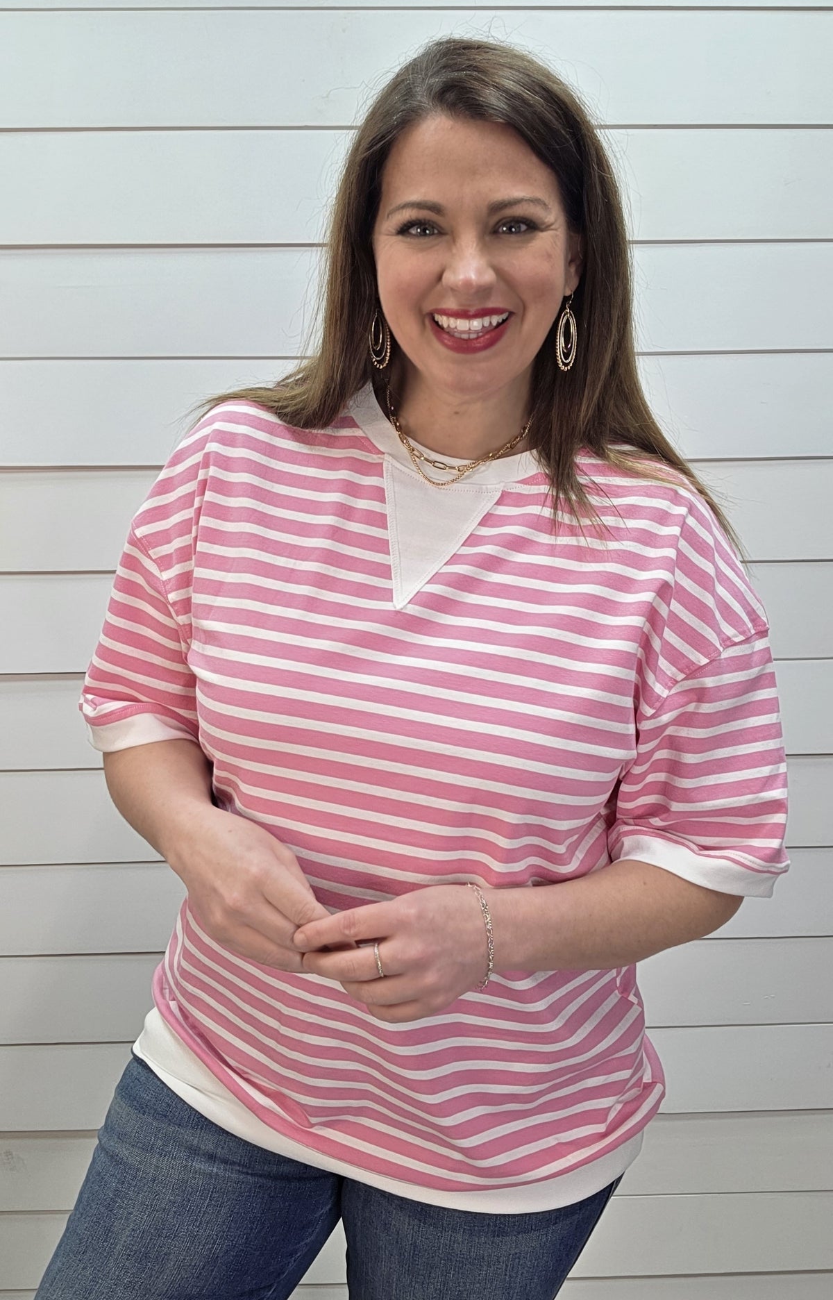 PINK STRIPED ROUND NECK KNIT TOP