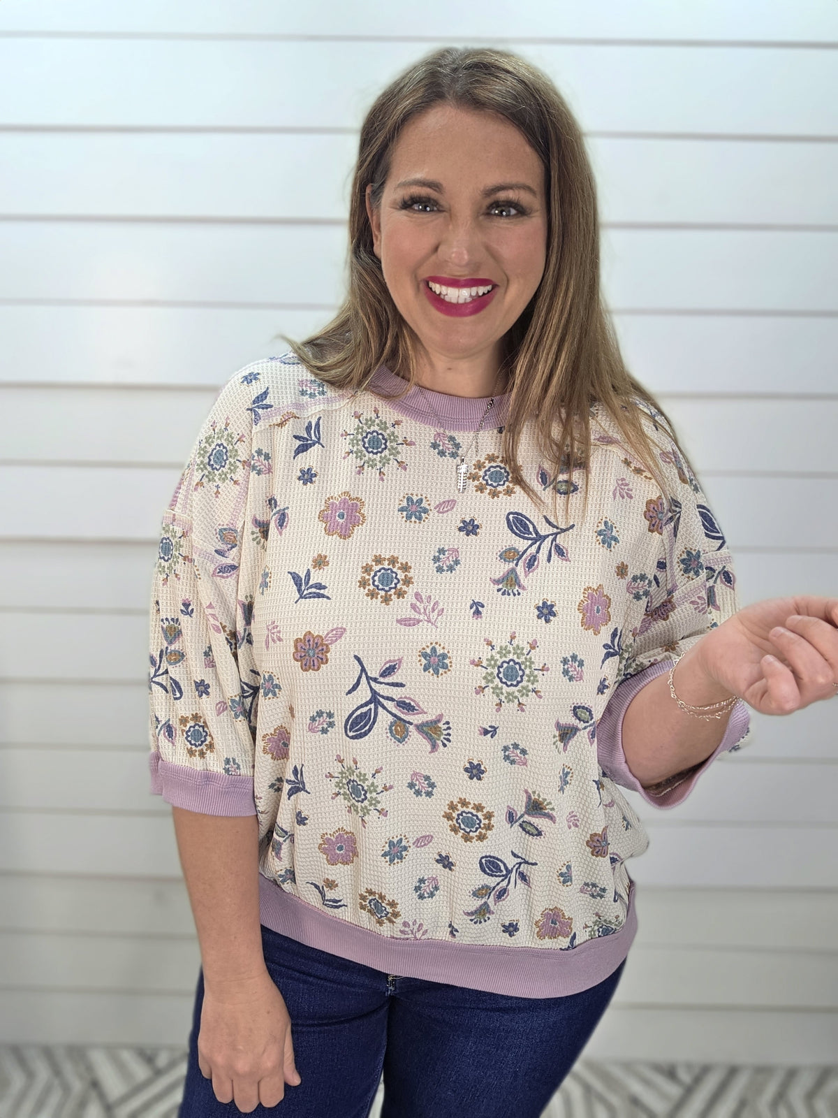 CREAM WAFFLE TEXTURE TO W/ FLORAL PRINT AND LILAC TRIM