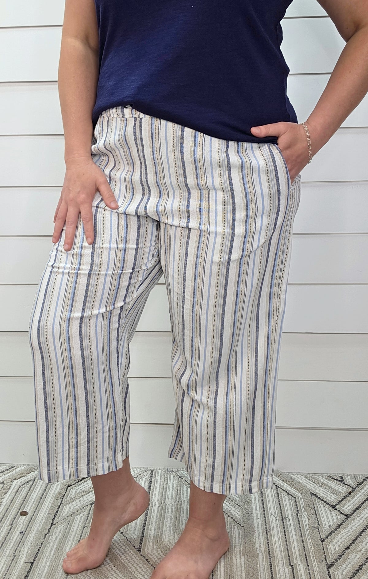 OFF WHITE/BLUE/TAN STRIPED CAPRI PULLON LINEN BLEND PANTS