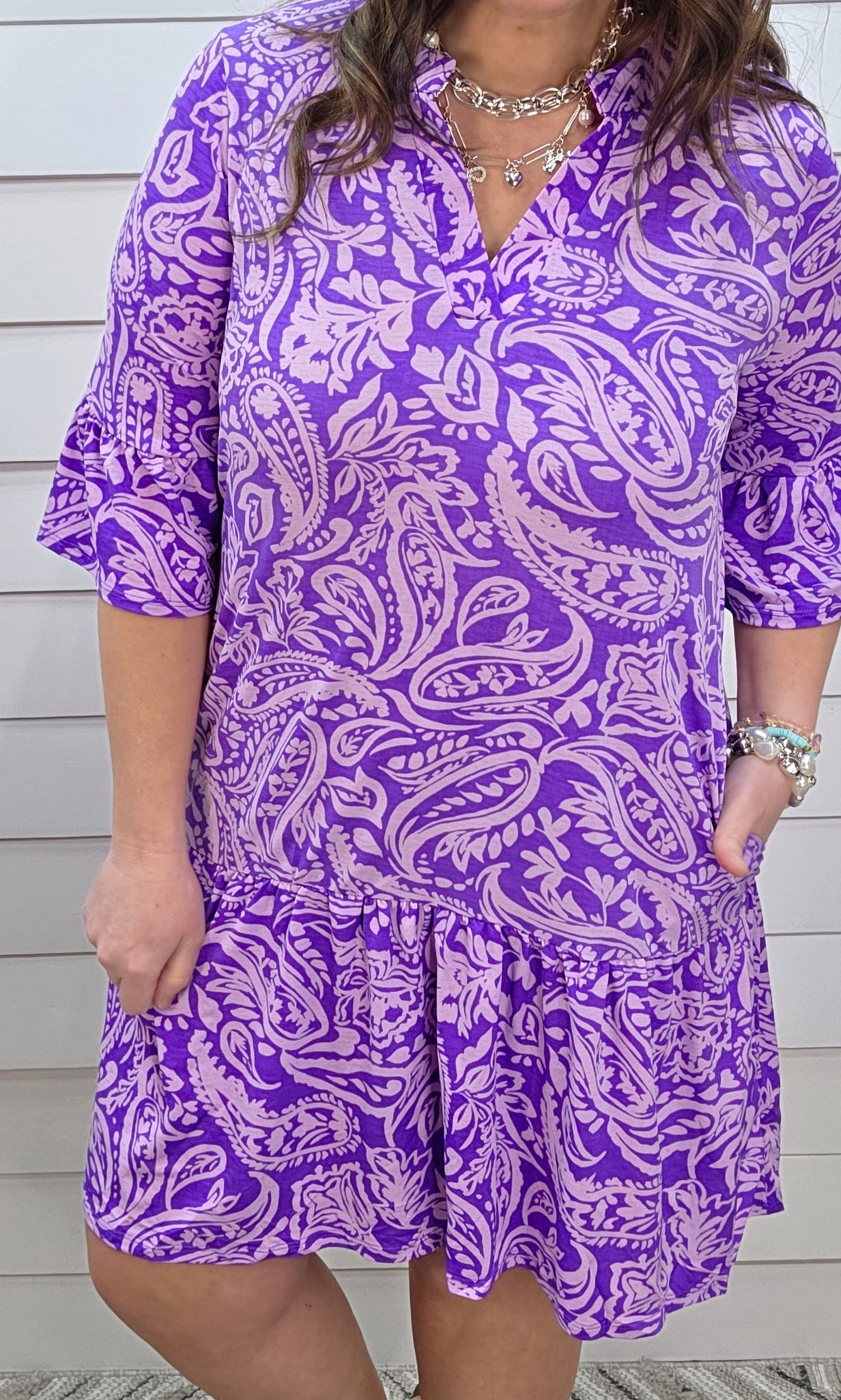 DEAR SCARLETT SUNDAY 3/4 SLEEVE RUFFLE DETAIL DRESS - LILAC/PURPLE PRINT