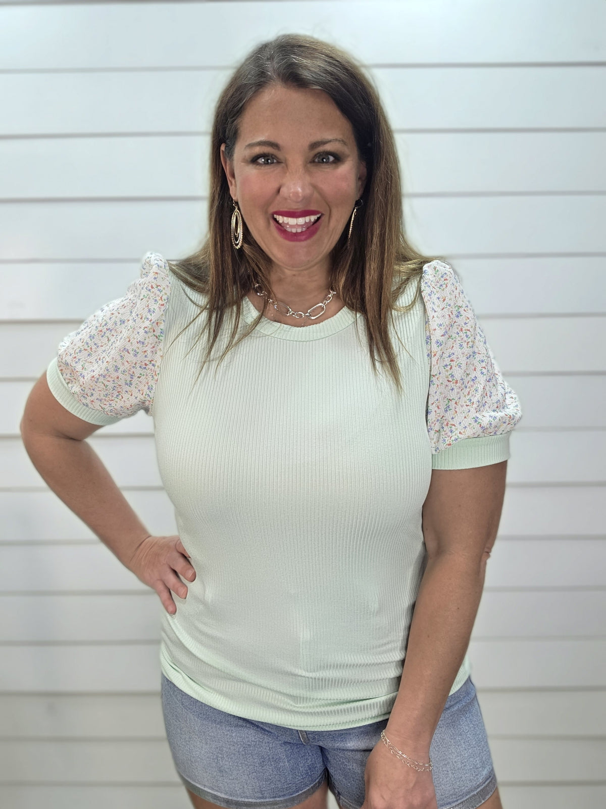SAGE RIBBED KNIT TOP W/ FLORAL SLEEVES