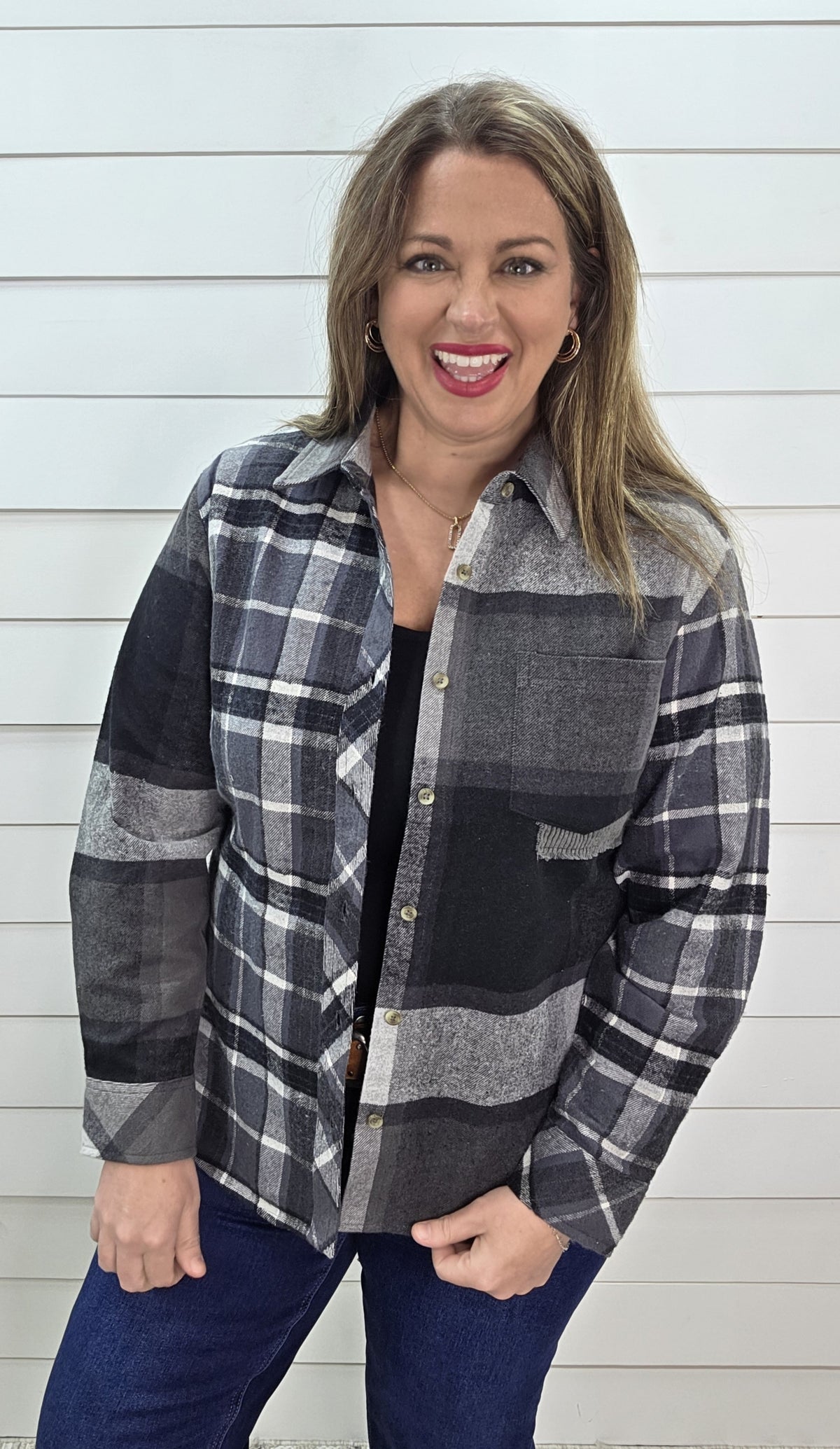 KAREN HART BLACK PLAID CONTRAST FLANNEL SHIRT