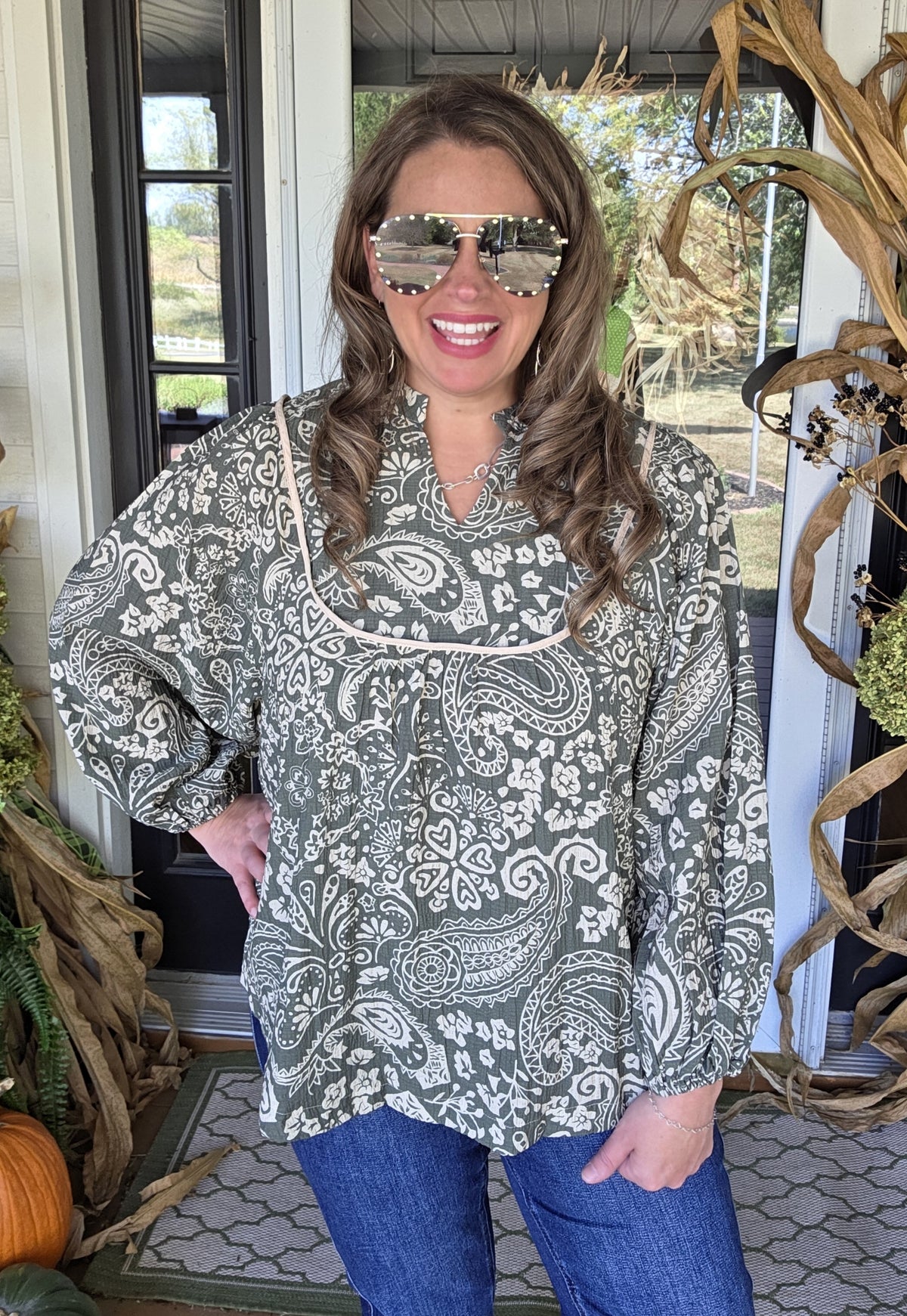 OLIVE/TAUPE TEXTURED PRINTED BLOUSE