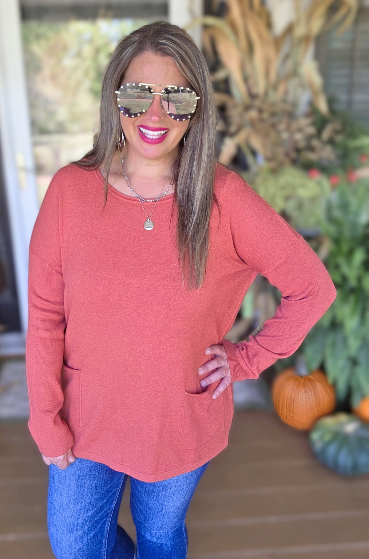 RUST TWO POCKET TUNIC SWEATER