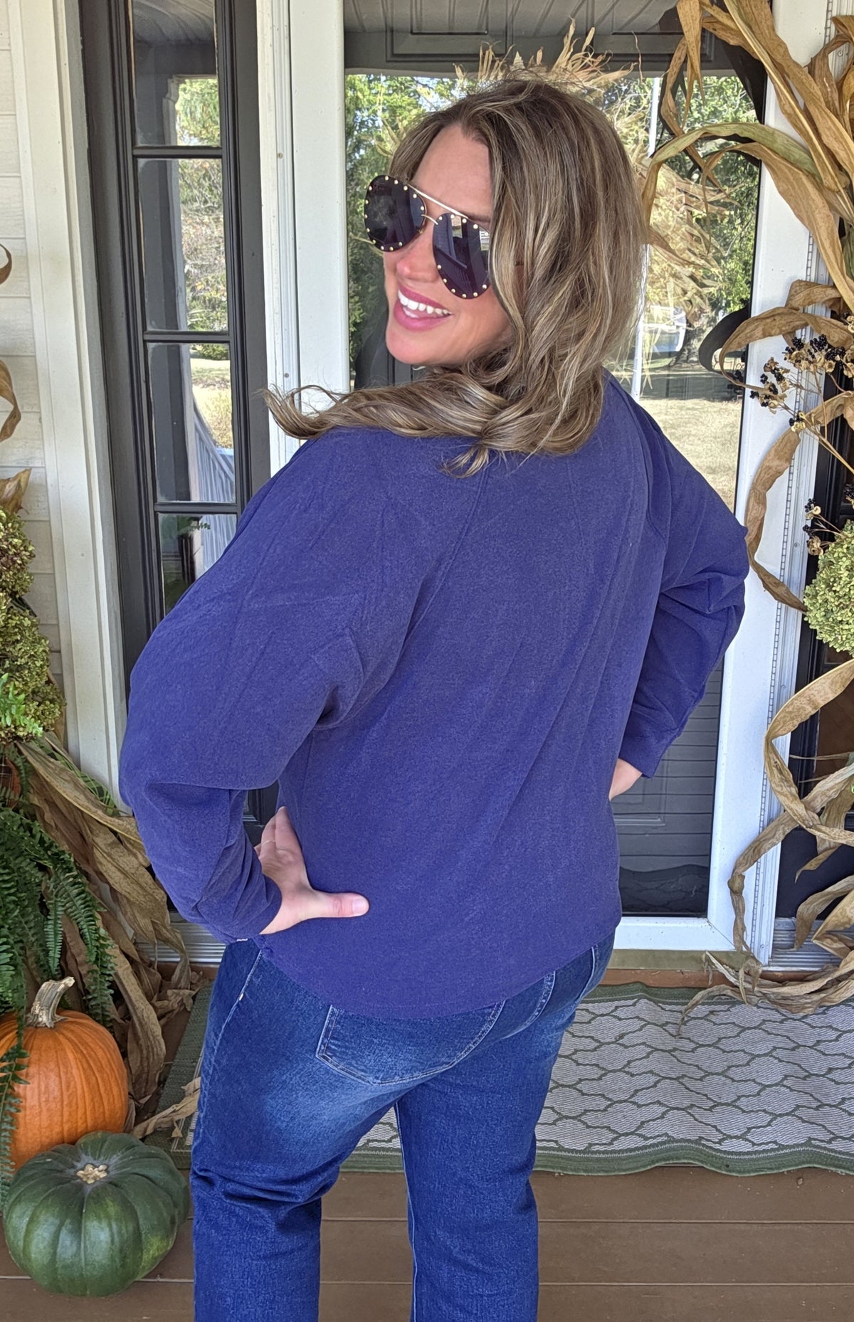 KAREN HART NAVY BRUSHED KNIT BUTTER DOLMAN KNIT TOP