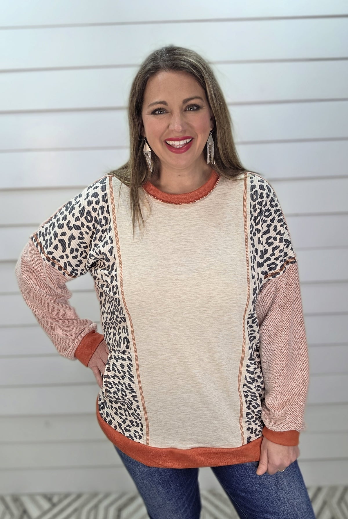 MARSALA LEAOPRD CONTRAST TOP W/ SIDE POCKETS