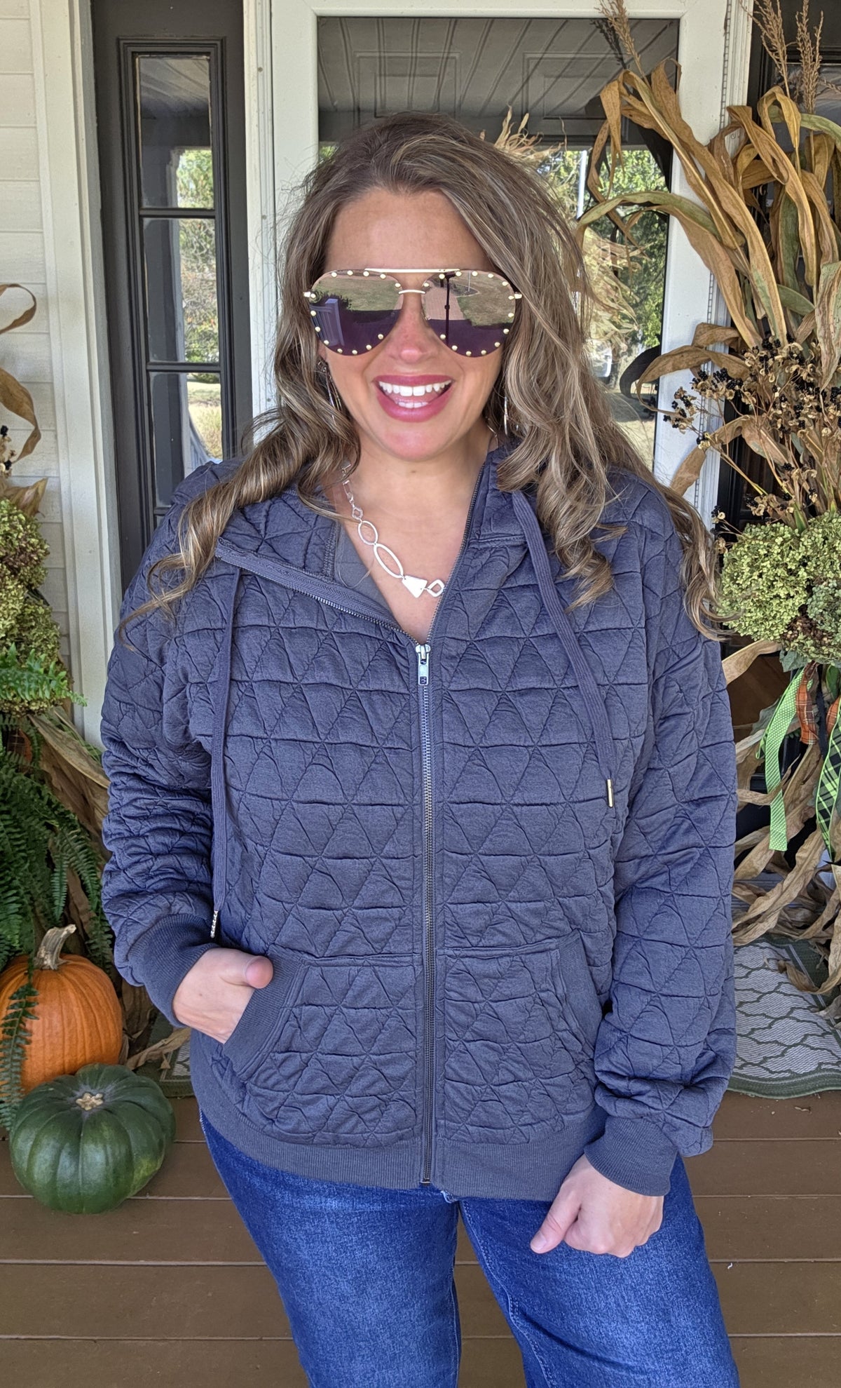 GUNMETAL QUILTED ZIP UP JACKET