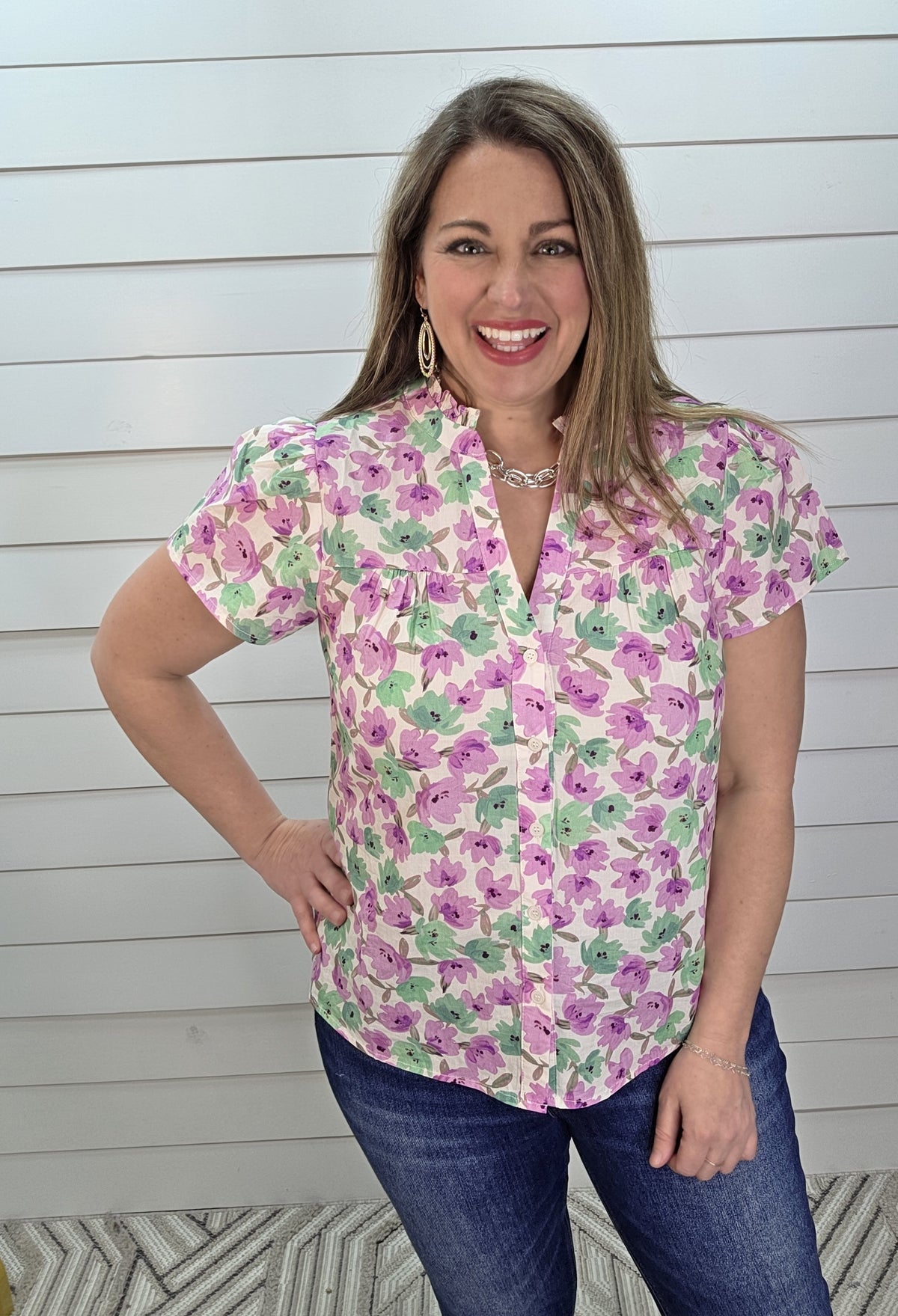 LAVENDER/MINT FORAL V NECK BUTTON DOWN WOVEN TOP