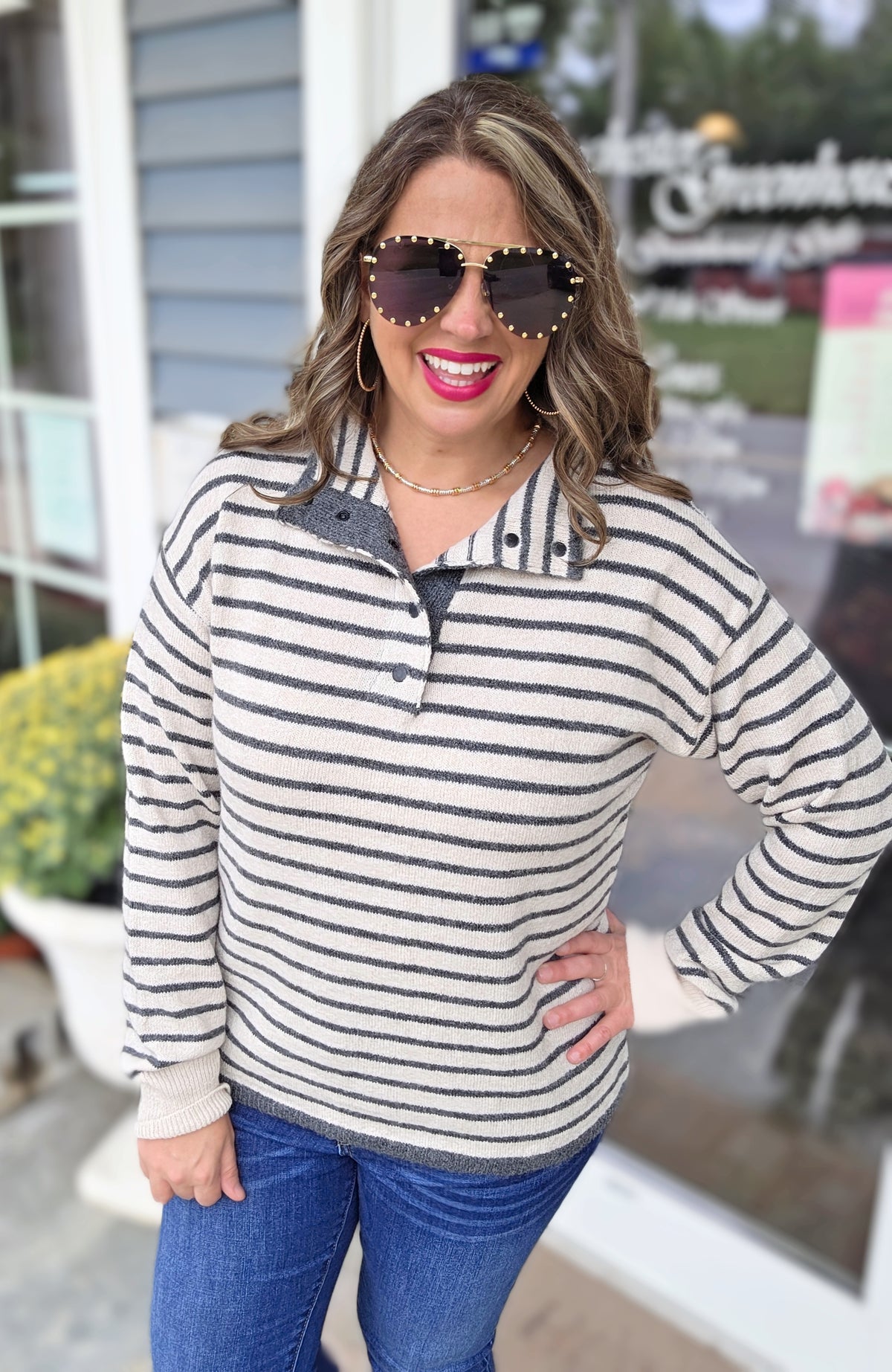 OATMEAL/CHARCOAL STRIPED QUARTER SNAP BUTTON SWEATER